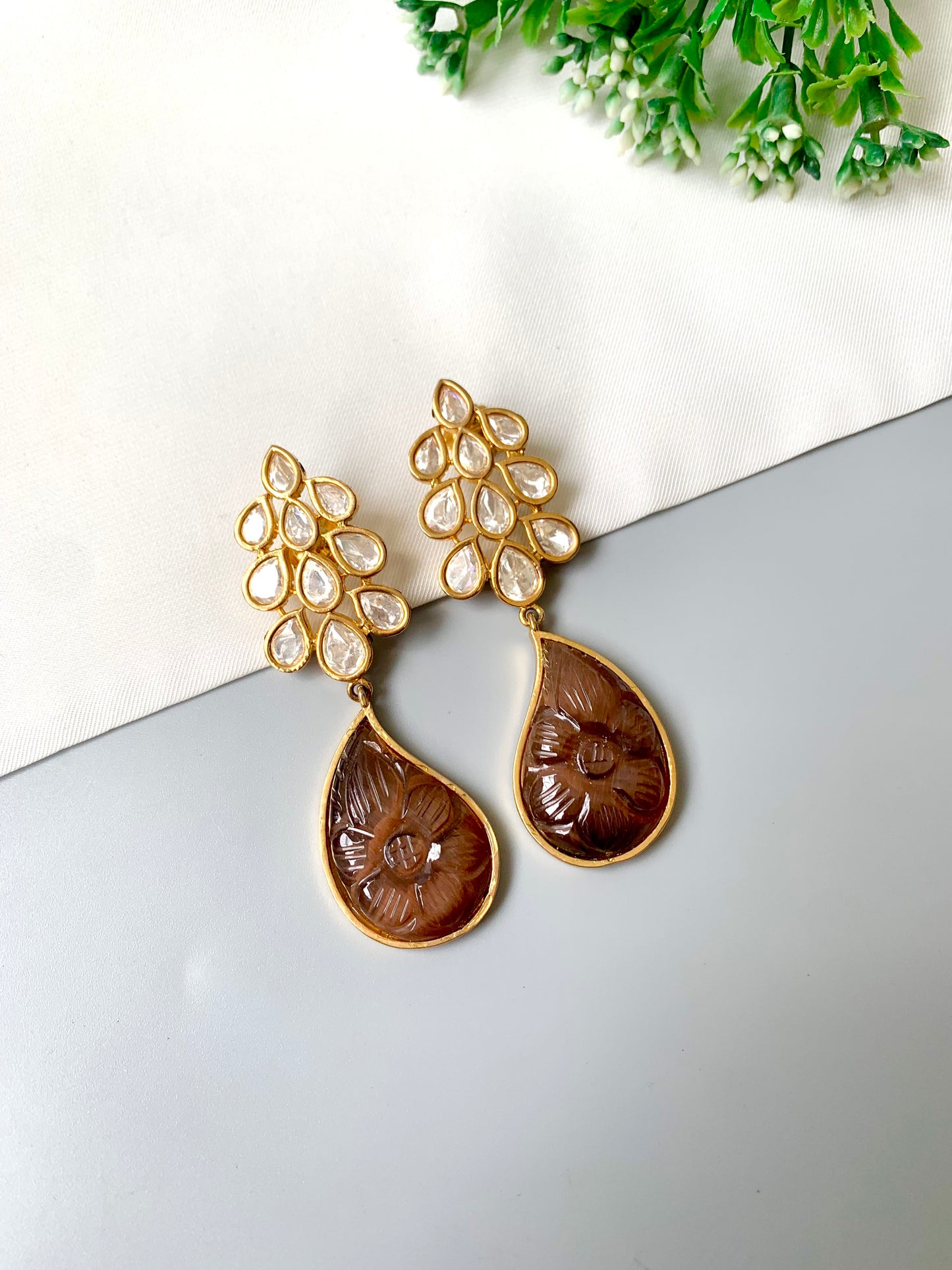 Zyara Earrings by Zamal Jewels – handcrafted 22kt gold plated earrings with Polki Kundan and hand-carved floral onyx drops
