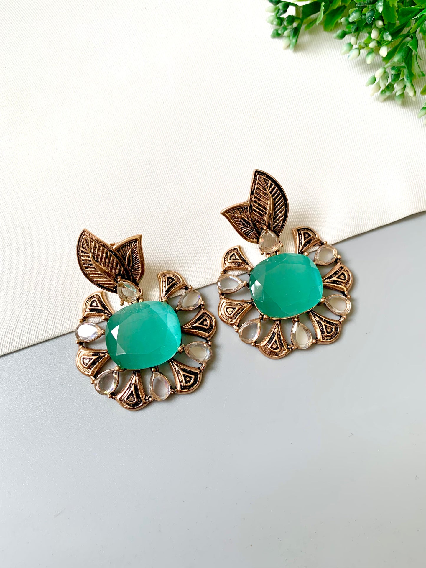 Hand-crafted Zarmina Earrings in semi-precious Mint Onyx with Polki diamonds, hand-painted Meena, and 22kt Victorian Gold matte plating by Zamal Jewels.
