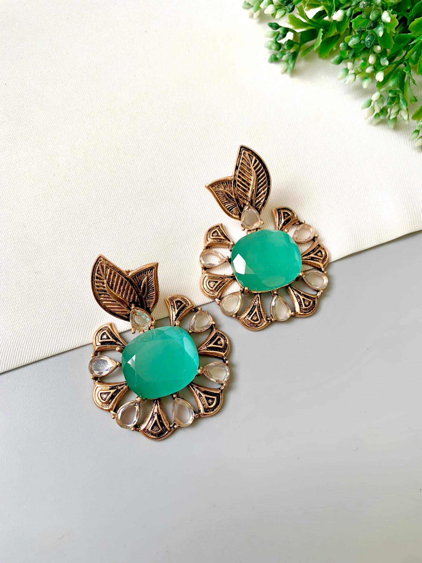 Hand-crafted Zarmina Earrings in semi-precious Mint Onyx with Polki diamonds, hand-painted Meena, and 22kt Victorian Gold matte plating by Zamal Jewels.