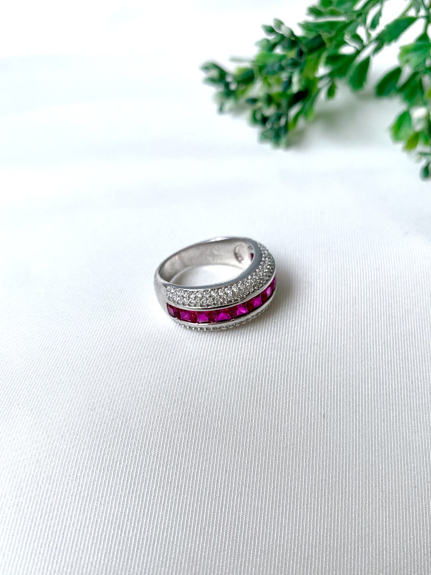 Amira Rouge Ring from Zamal Jewels featuring ruby stones and American Diamonds in rhodium finish