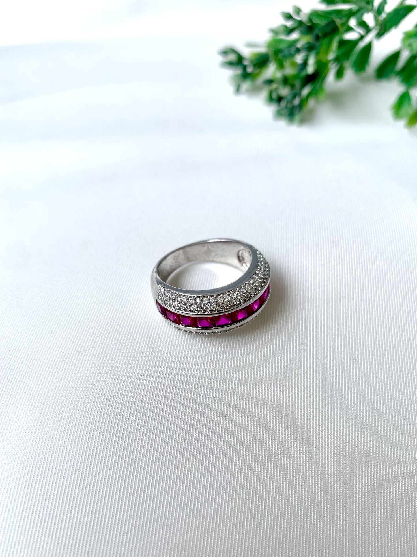 Amira Rouge Ring from Zamal Jewels featuring ruby stones and American Diamonds in rhodium finish