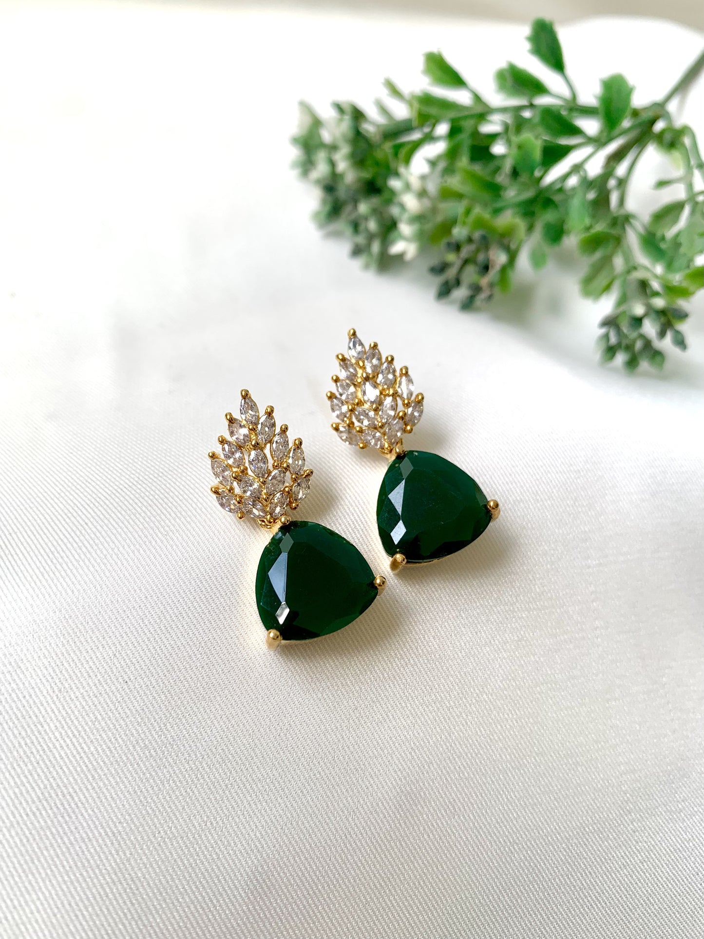Green emerald teardrop earrings with American Diamonds – Zamal Jewels