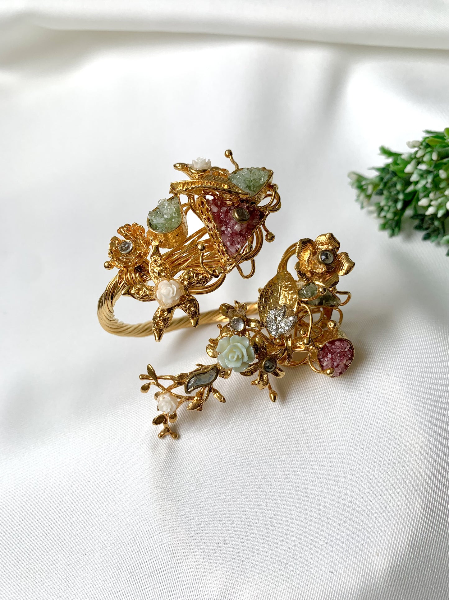 Handcrafted 22kt gold plated openable bangle with Kundan, American Diamonds, and semi-precious natural gemstones, fits sizes 2.6 and 2.8