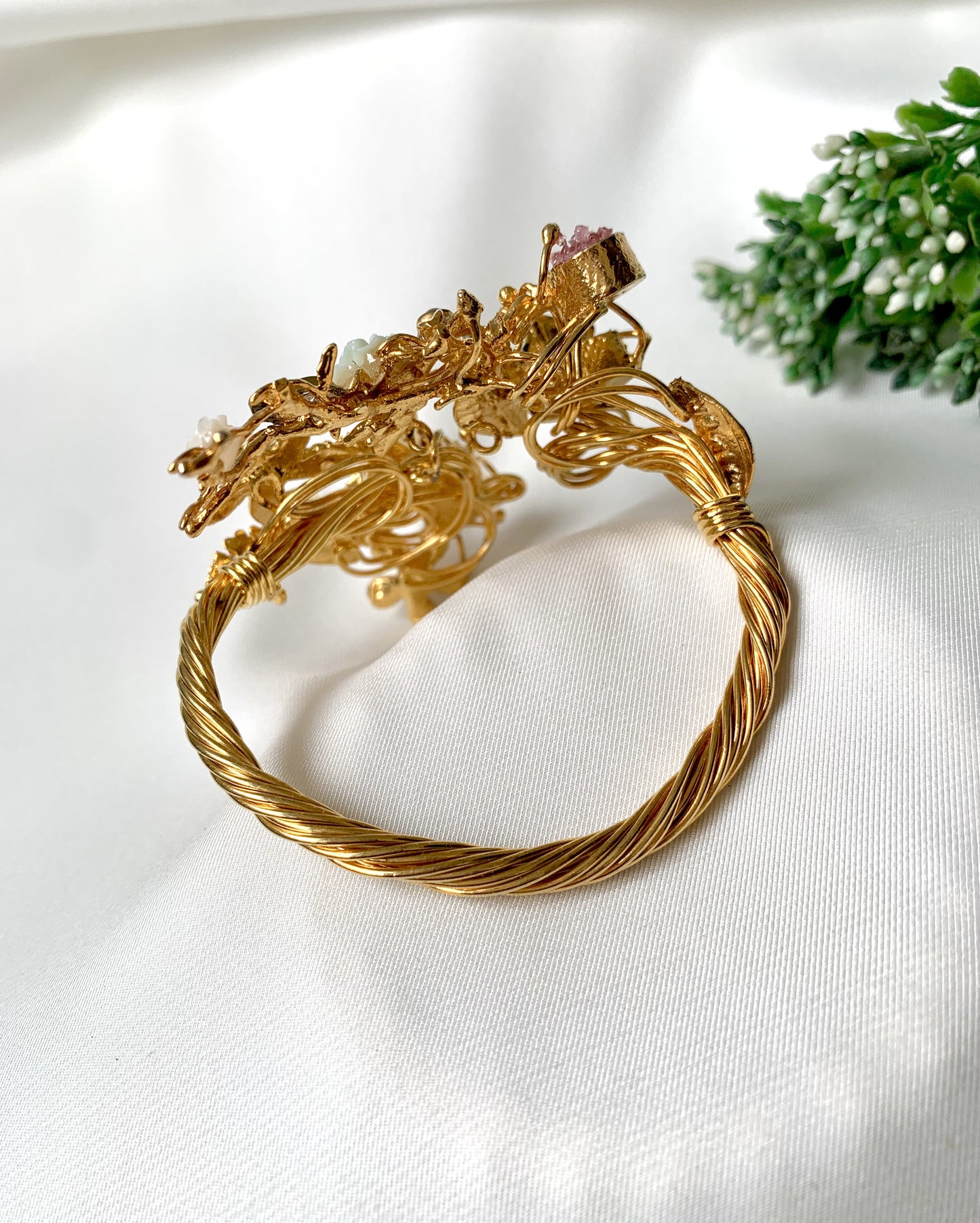 Handcrafted 22kt gold plated openable bangle with Kundan, American Diamonds, and semi-precious natural gemstones, fits sizes 2.6 and 2.8
