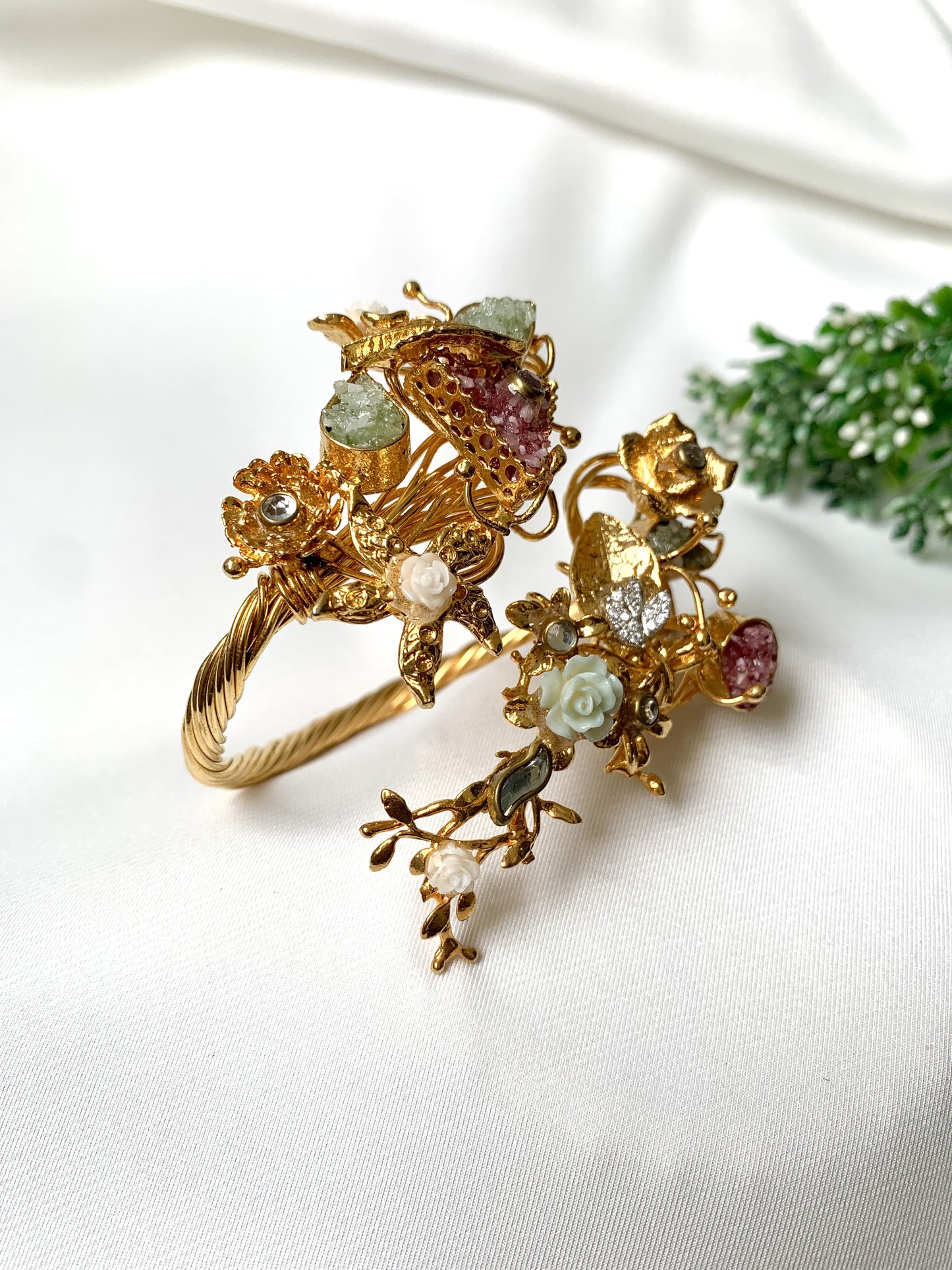Handcrafted 22kt gold plated openable bangle with Kundan, American Diamonds, and semi-precious natural gemstones, fits sizes 2.6 and 2.8