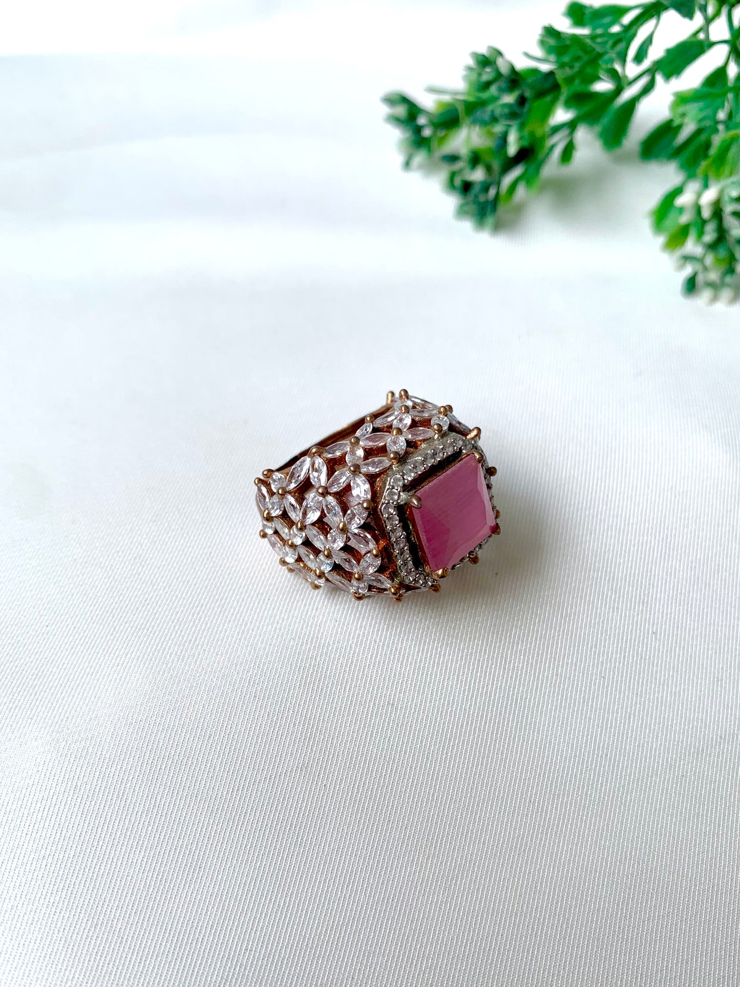 Aurora Rosé Ring by Zamal Jewels in oxidized rose gold finish with pink Onyx and American Diamonds