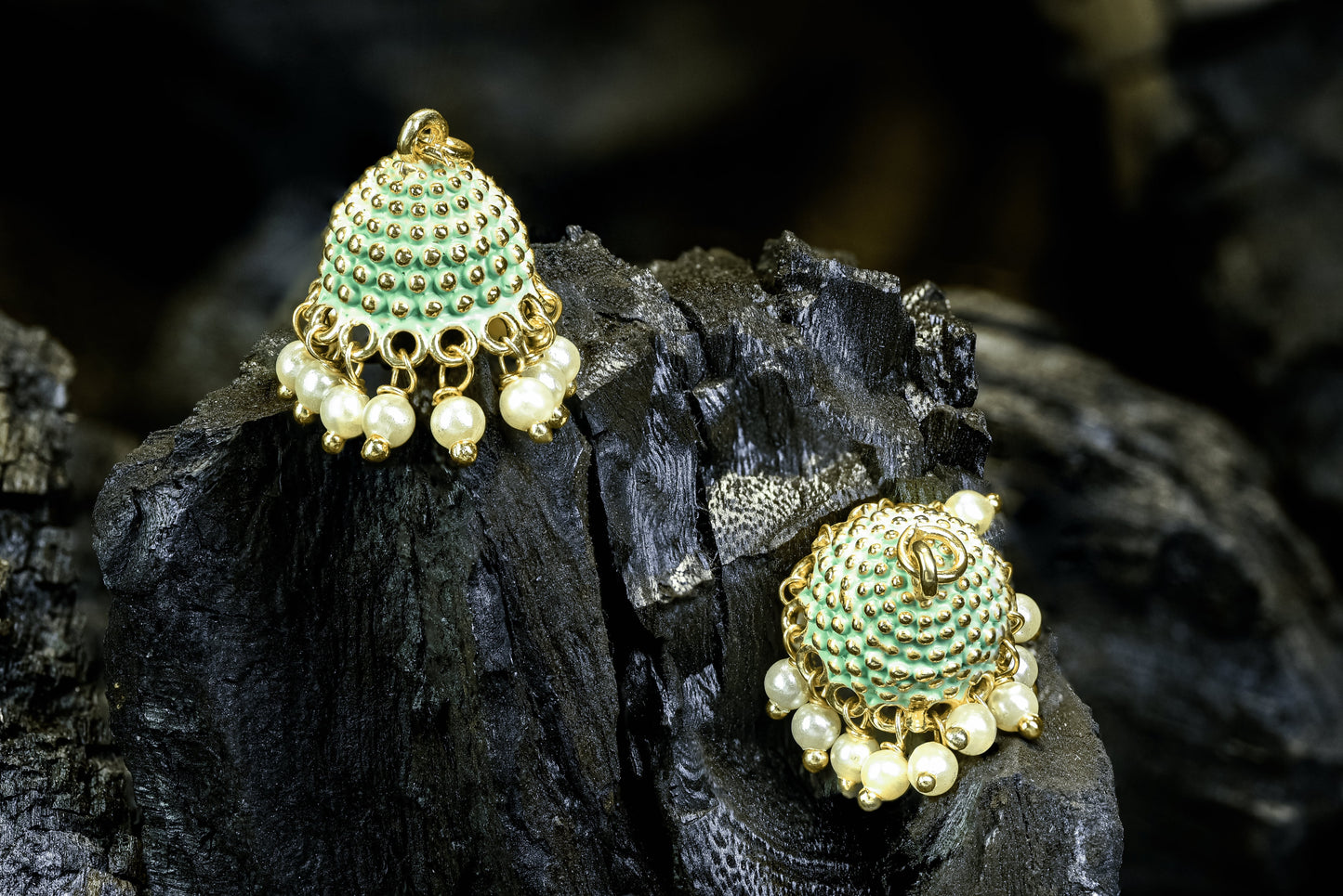 Pistachio green Meena hand-painted jhumka with hanging pearls, part of Baila Changeable Jhumki Set by Zamal Jewels