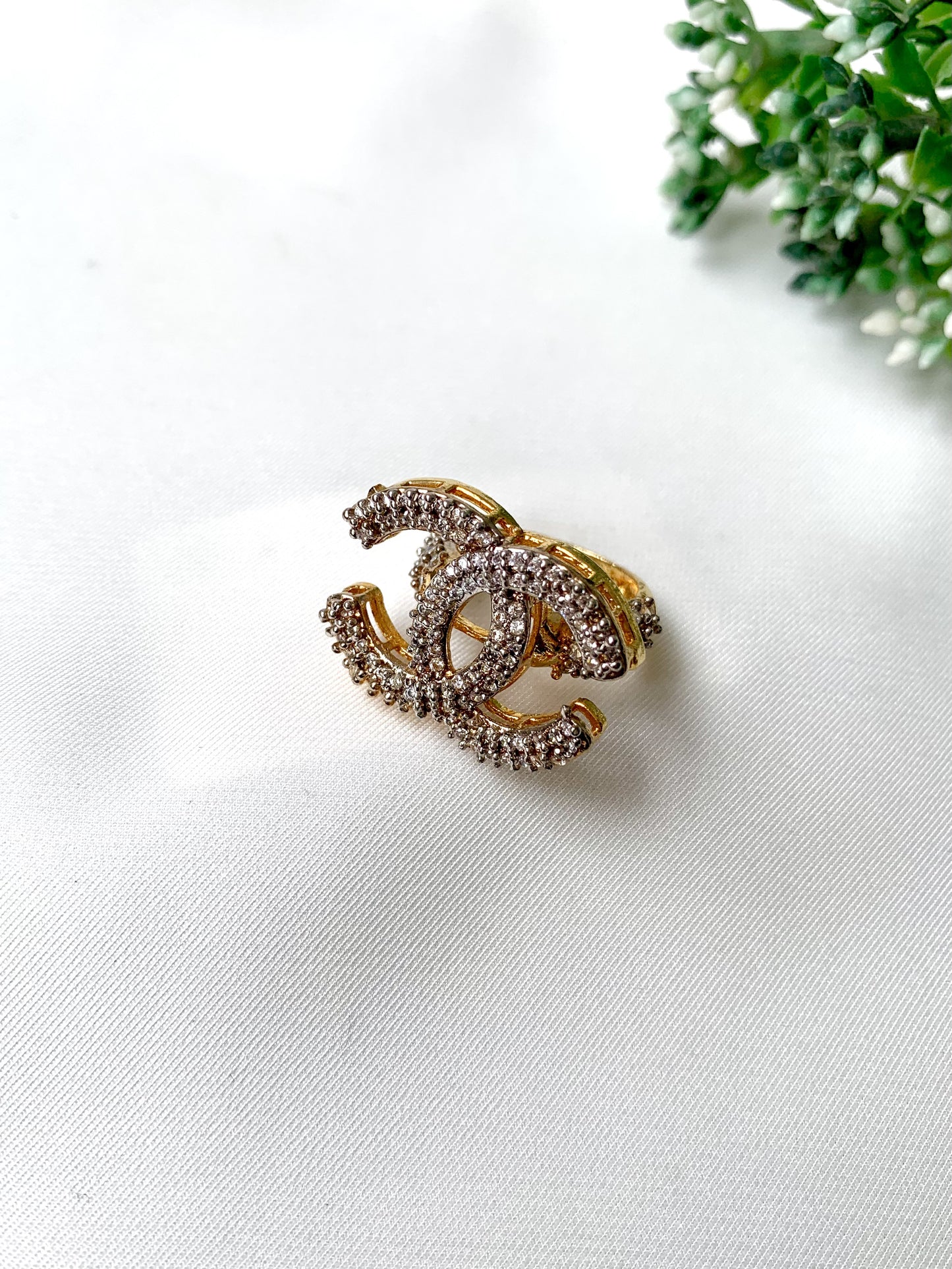 Gold-plated monogram style ring with American Diamonds, adjustable size from Zamal Jewels