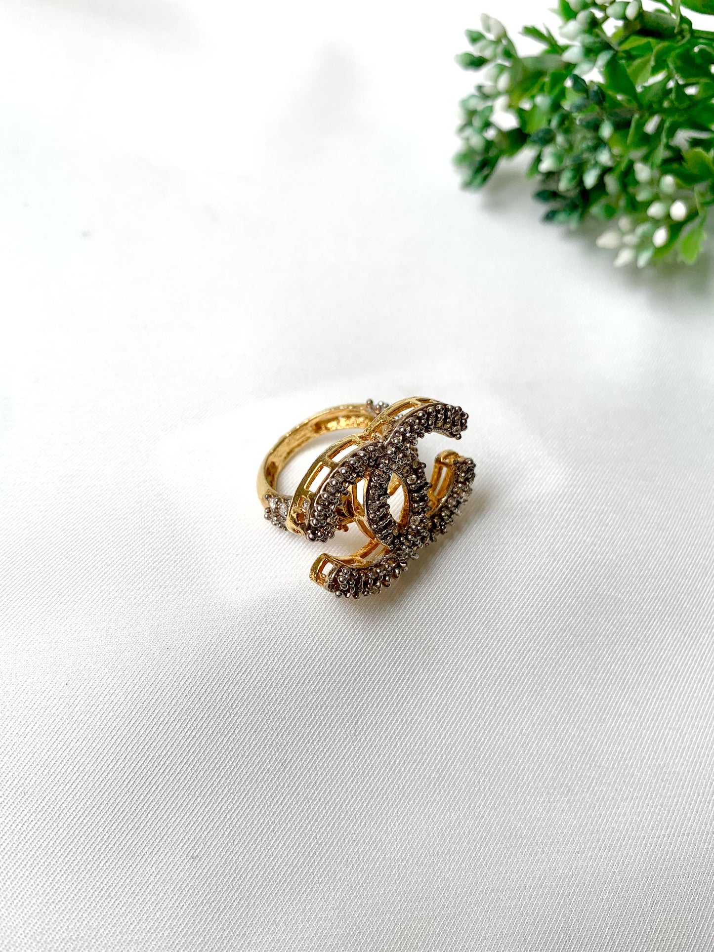 Gold-plated monogram style ring with American Diamonds, adjustable size from Zamal Jewels