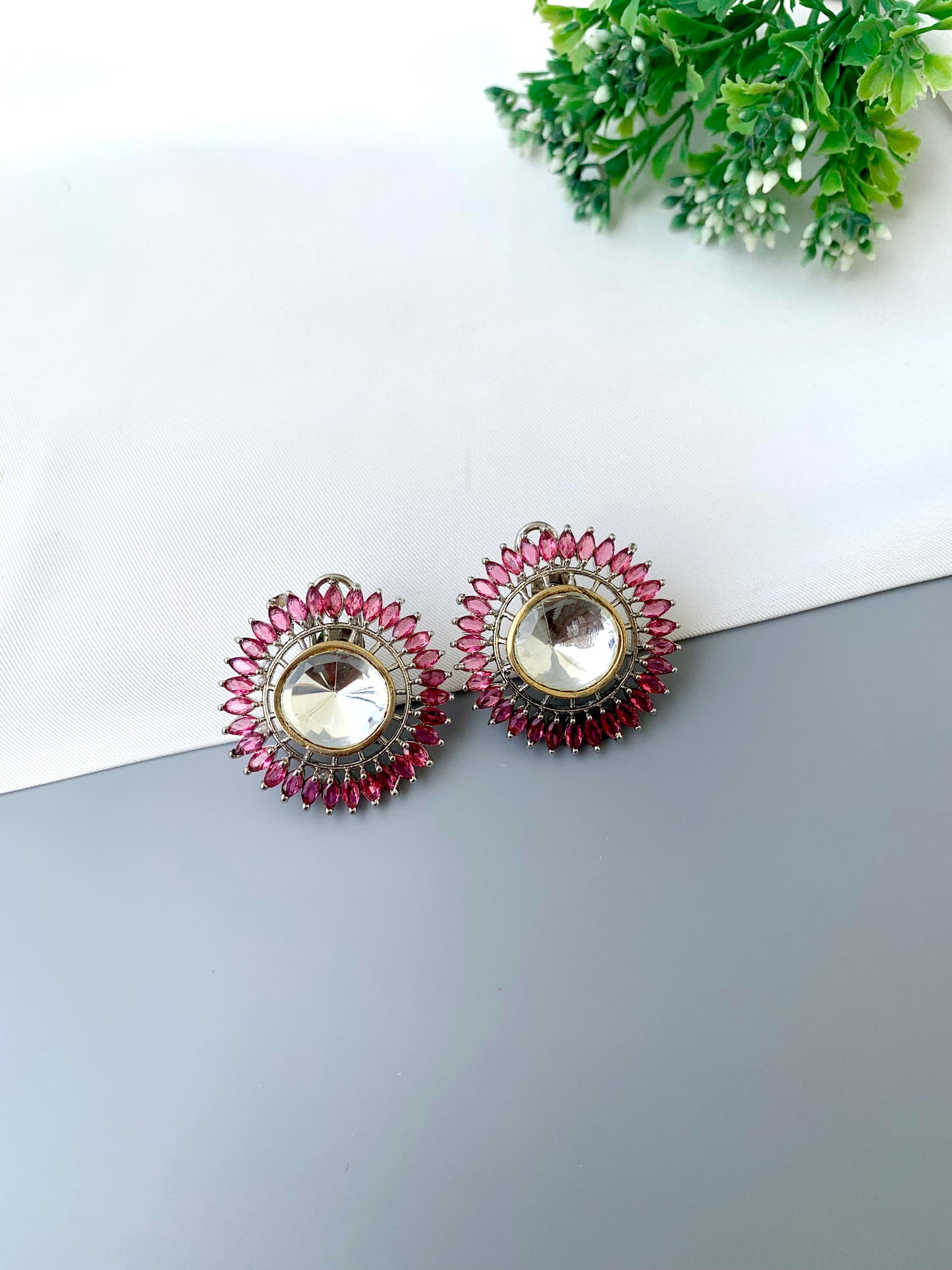 Cila ruby polki kundan studs in rhodium plating with semi precious gemstone