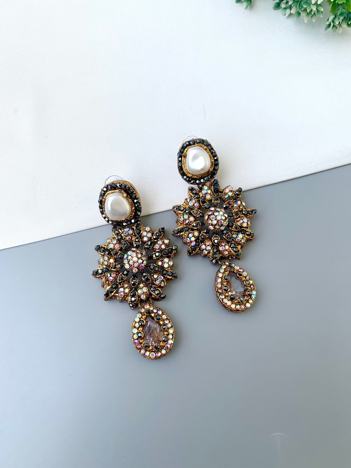 Deran white Victorian earrings with American diamonds, pearl stud and teardrop gemstone