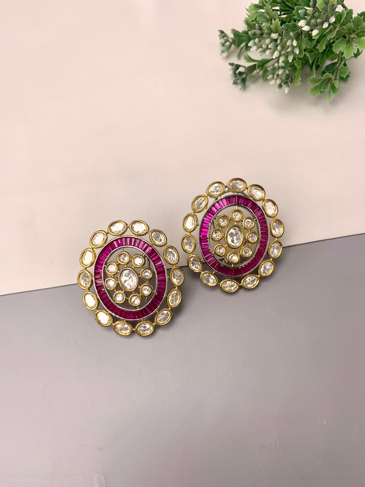 Diana handcrafted oversized Victorian gold plated studs with Polki Kundan and semi-precious ruby stones