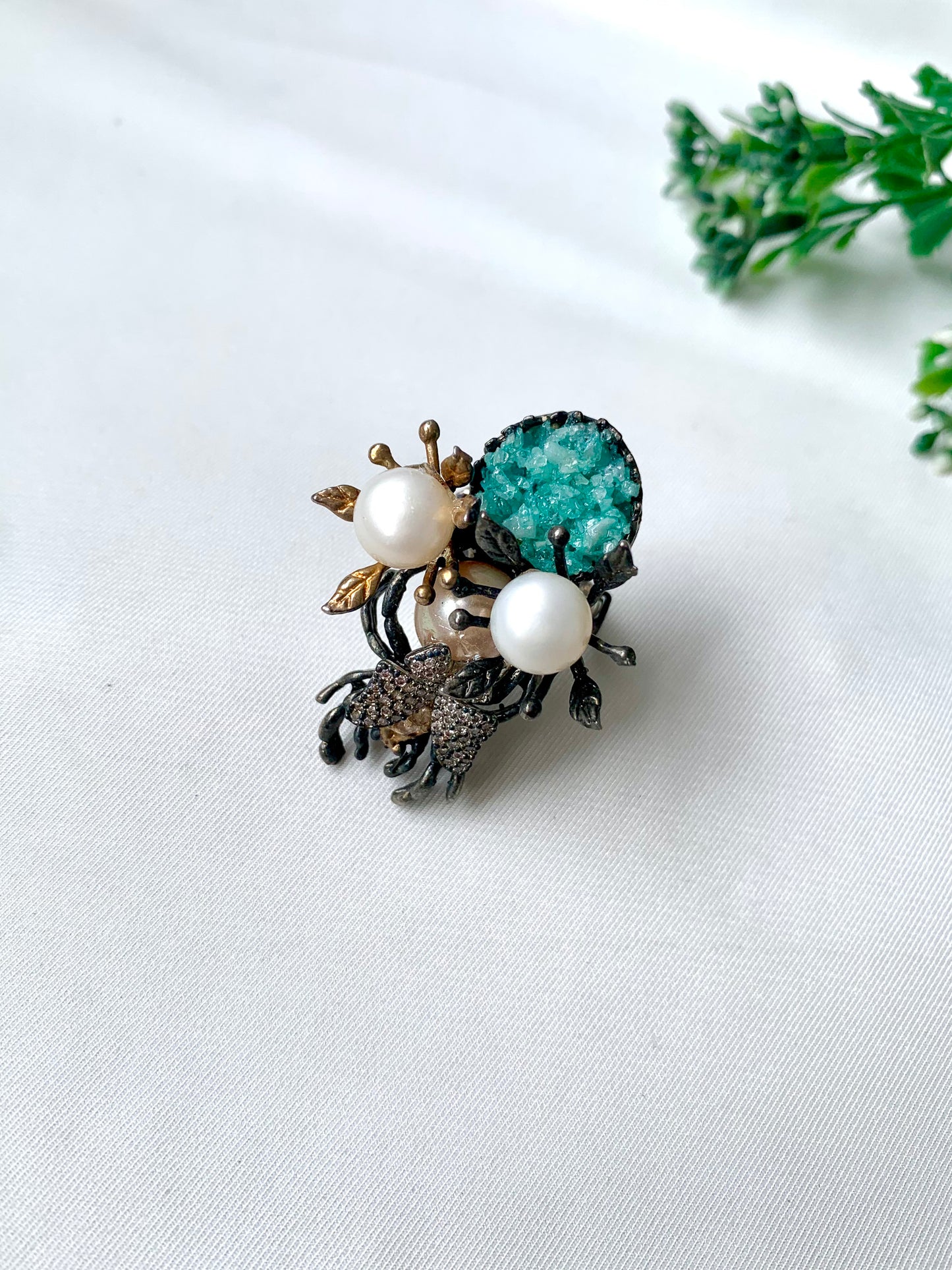 Handcrafted oxidized floral ring with pearls, American Diamonds, and raw natural gemstone