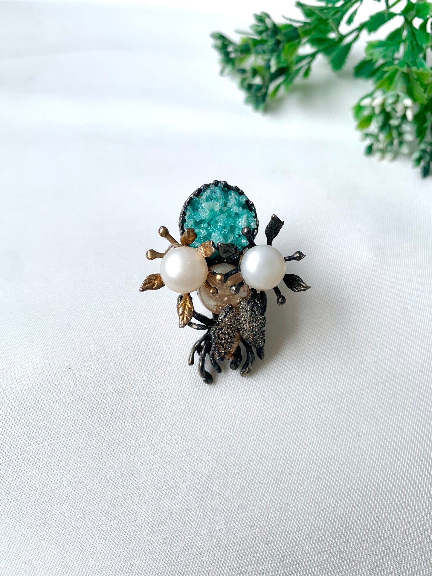 Handcrafted oxidized floral ring with pearls, American Diamonds, and raw natural gemstone