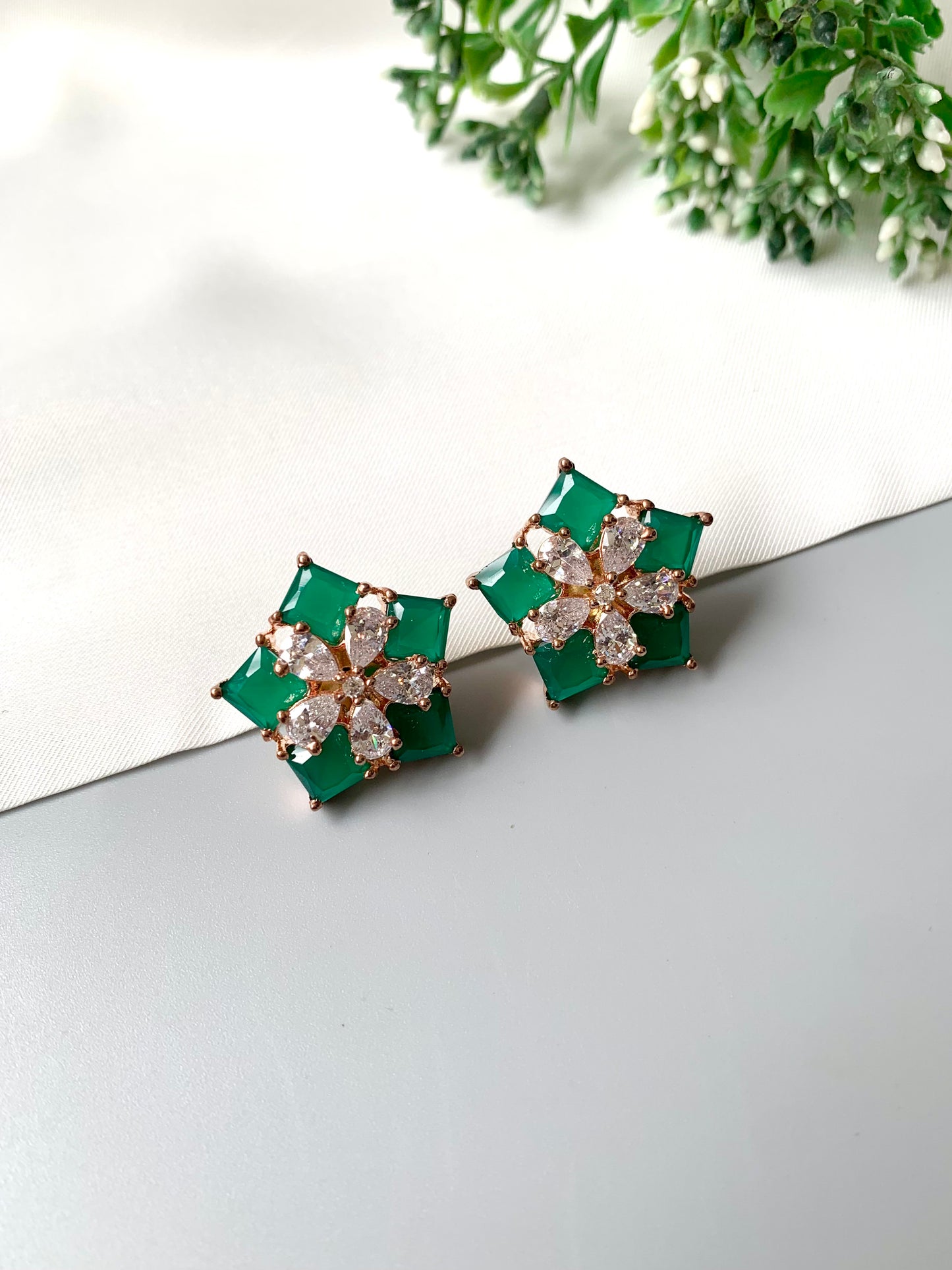Semi-precious emerald and diamond stud earrings