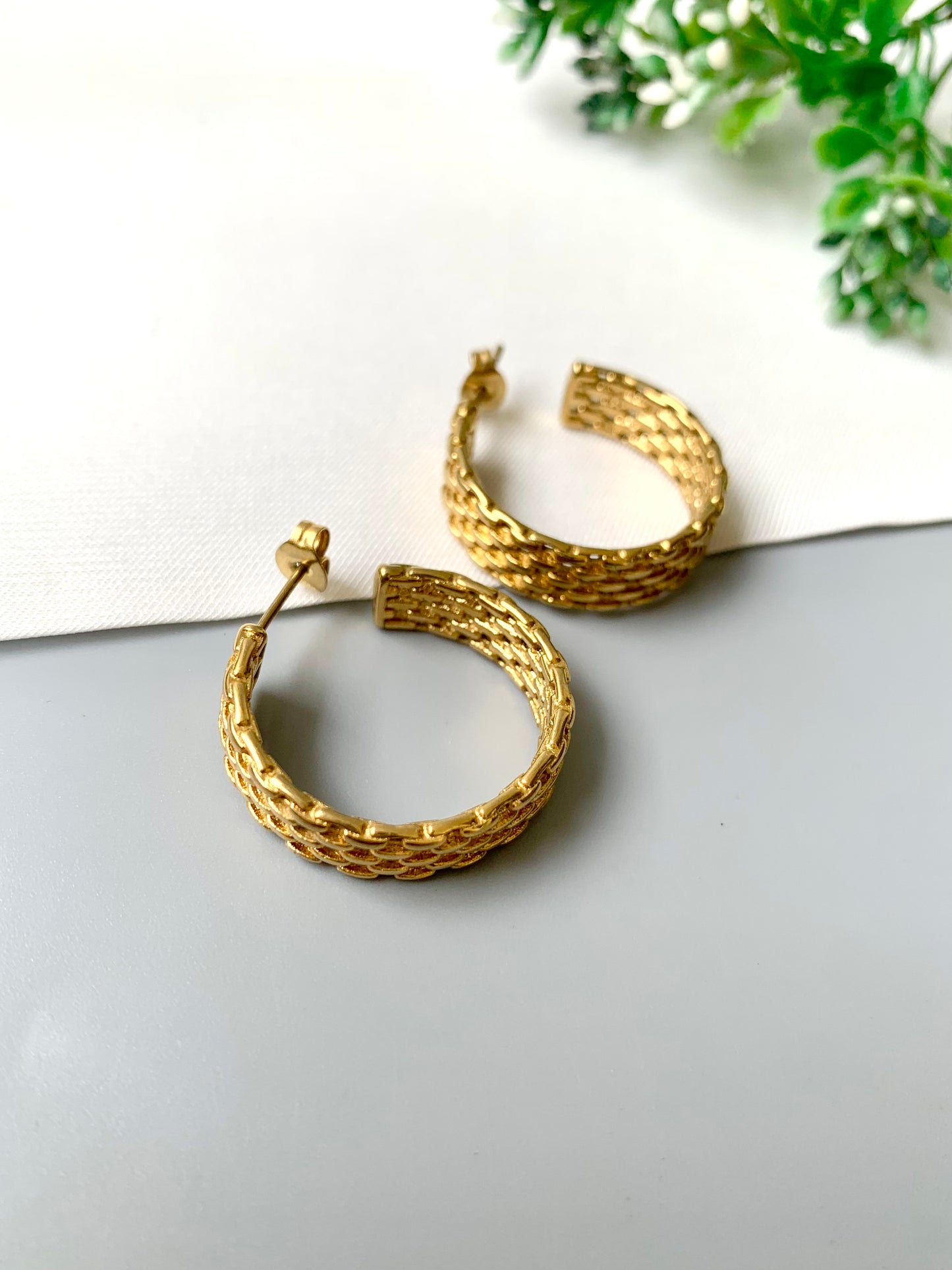 Gold plated stainless steel Linka Hoops with textured chain design from FORMA by Zamal Jewels