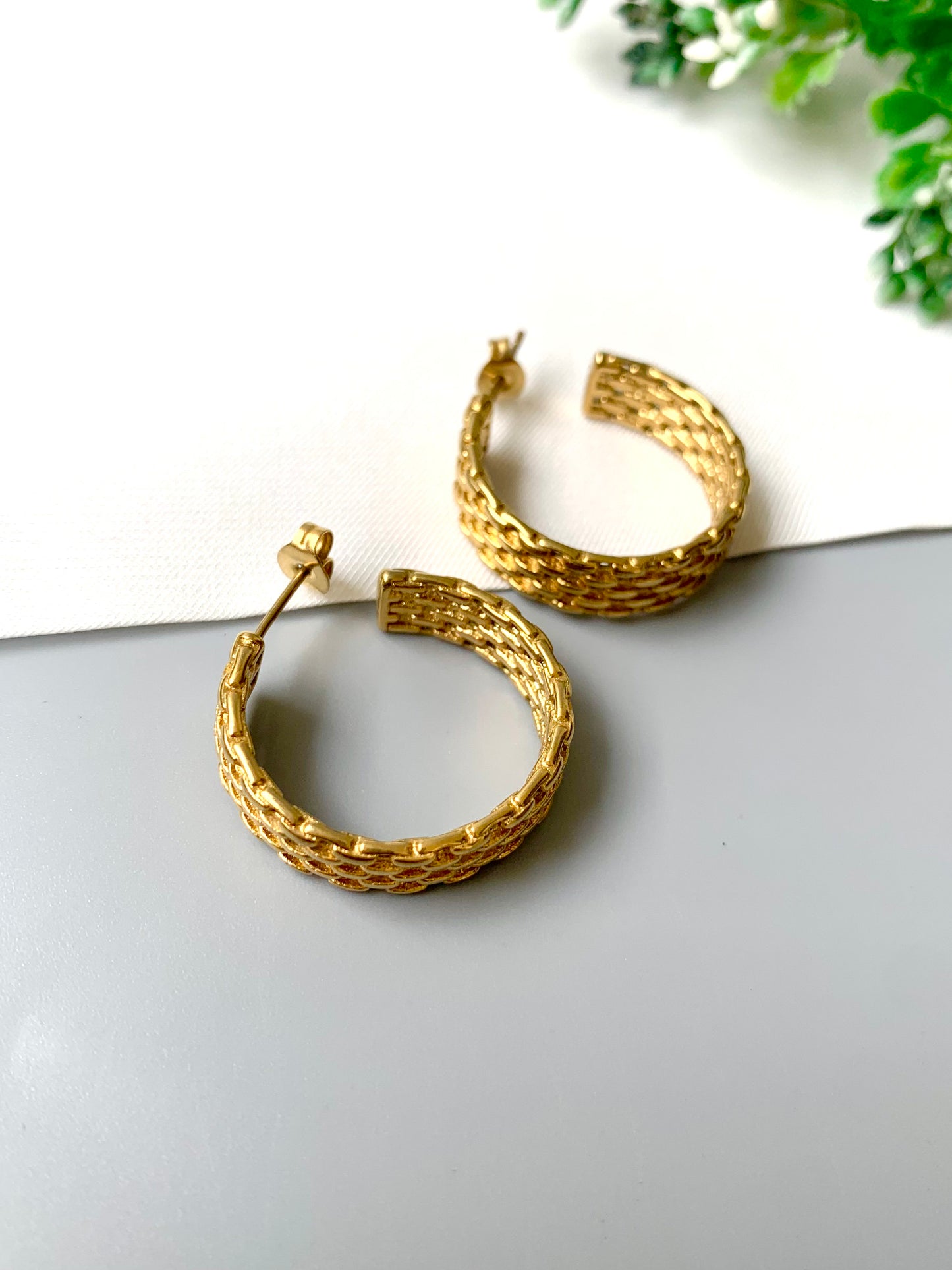 Gold plated stainless steel Linka Hoops with textured chain design from FORMA by Zamal Jewels