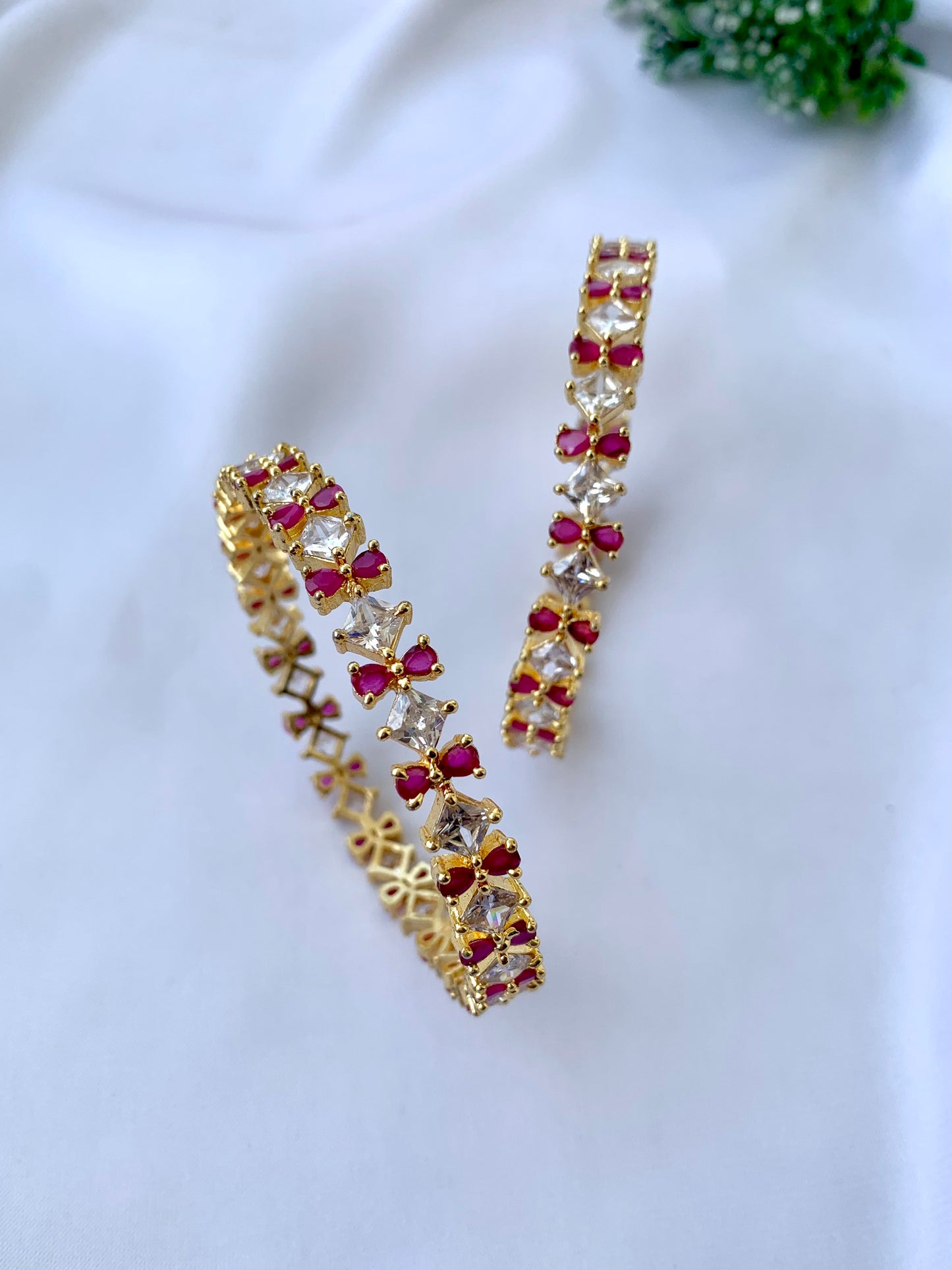 Gisha ruby gold plated slide on bangles with American diamonds sold as pair size 2.6
