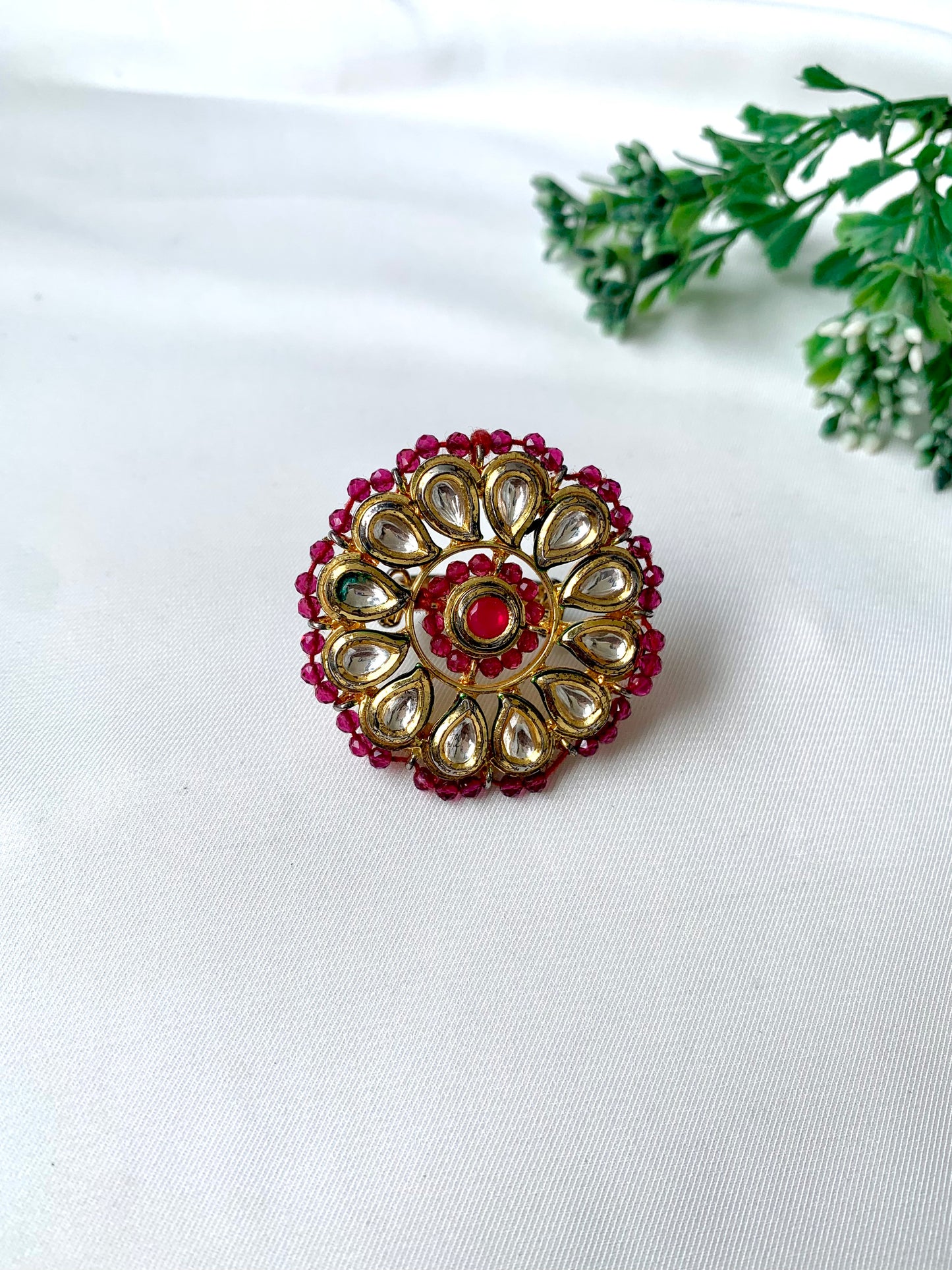 Traditional gold-plated ring with kundan and ruby stones from Zamal Jewels