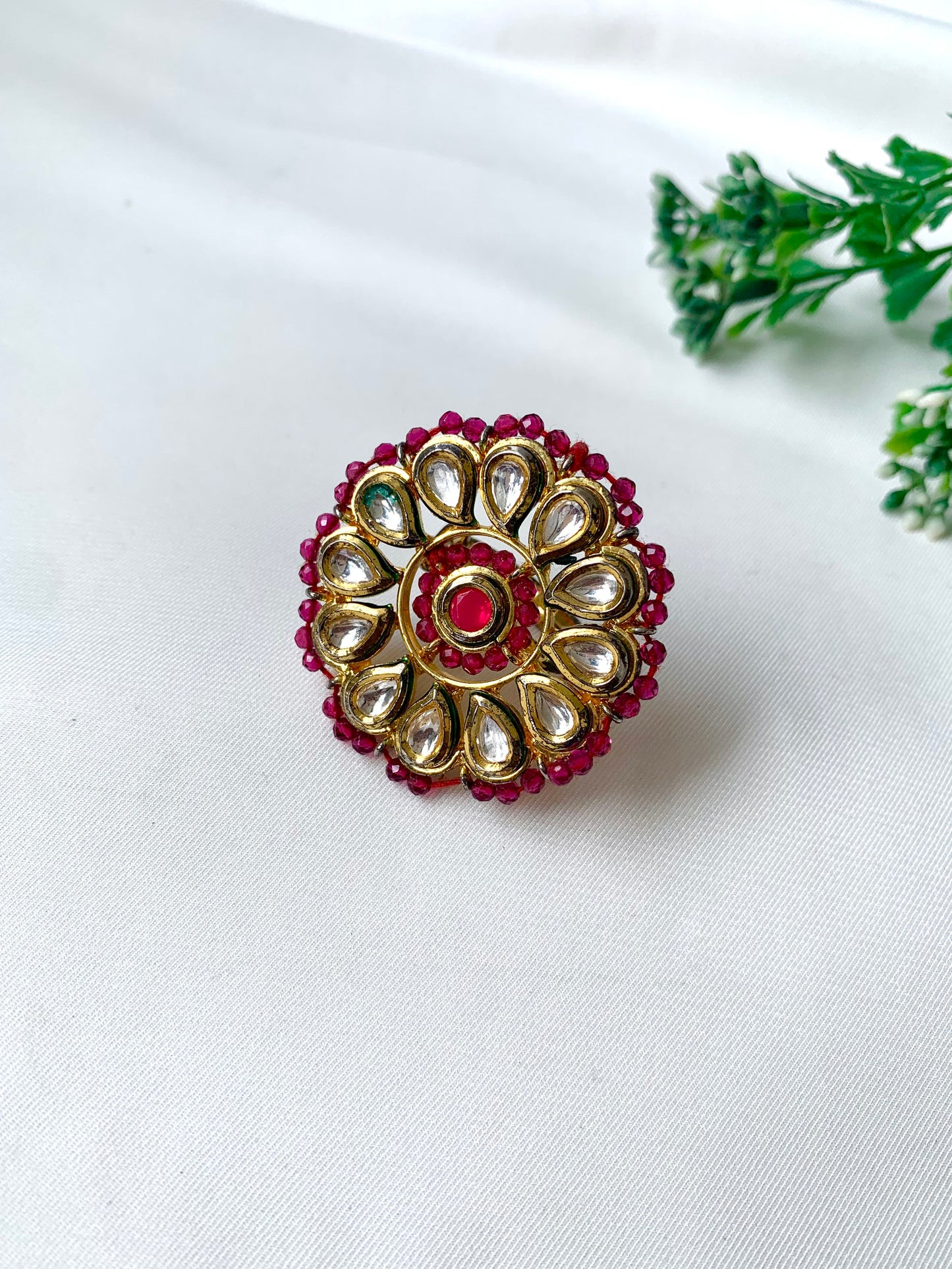 Traditional gold-plated ring with kundan and ruby stones from Zamal Jewels