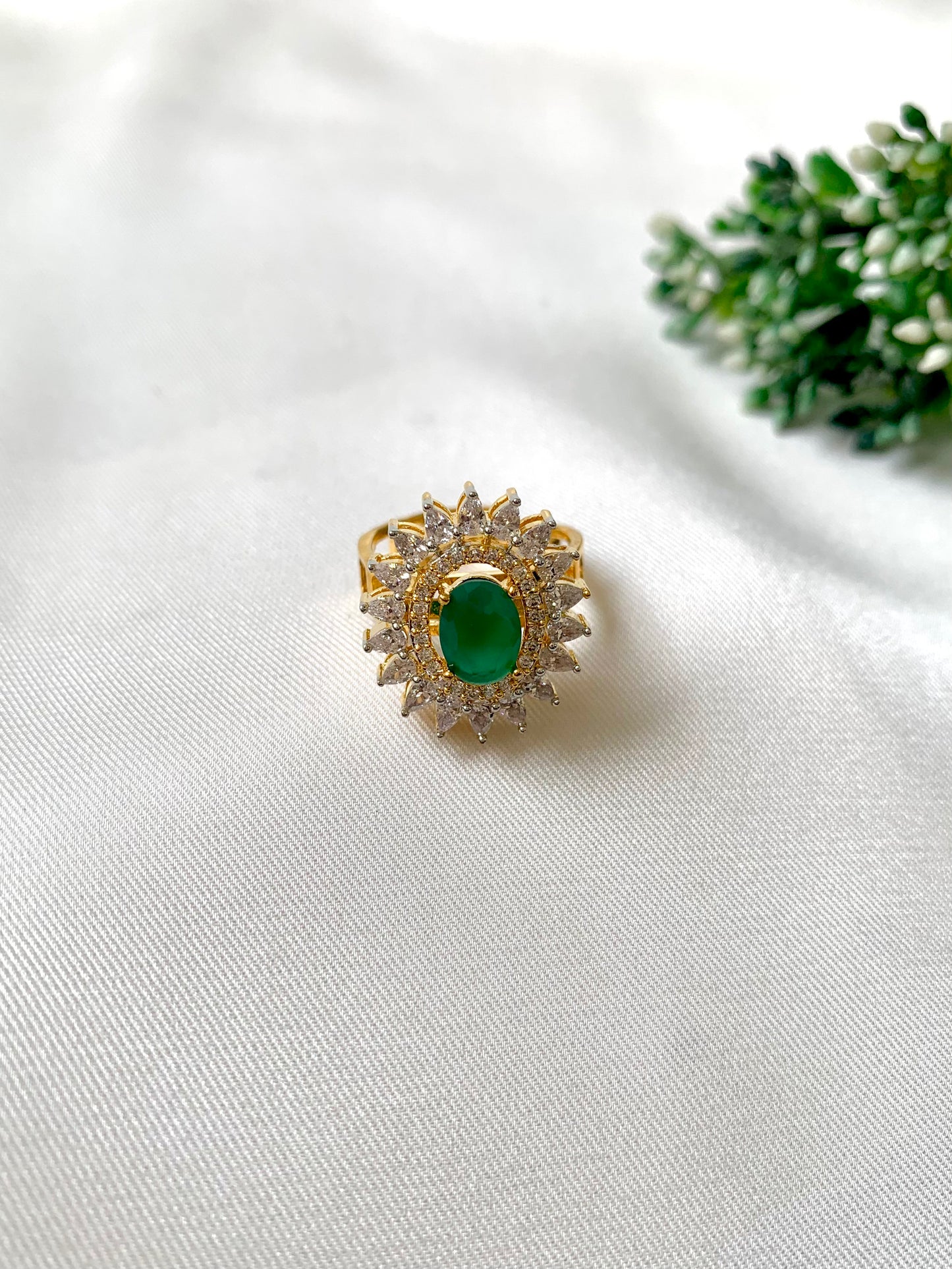 Hermona gold-plated ring with semi-precious emerald and American Diamonds, adjustable design