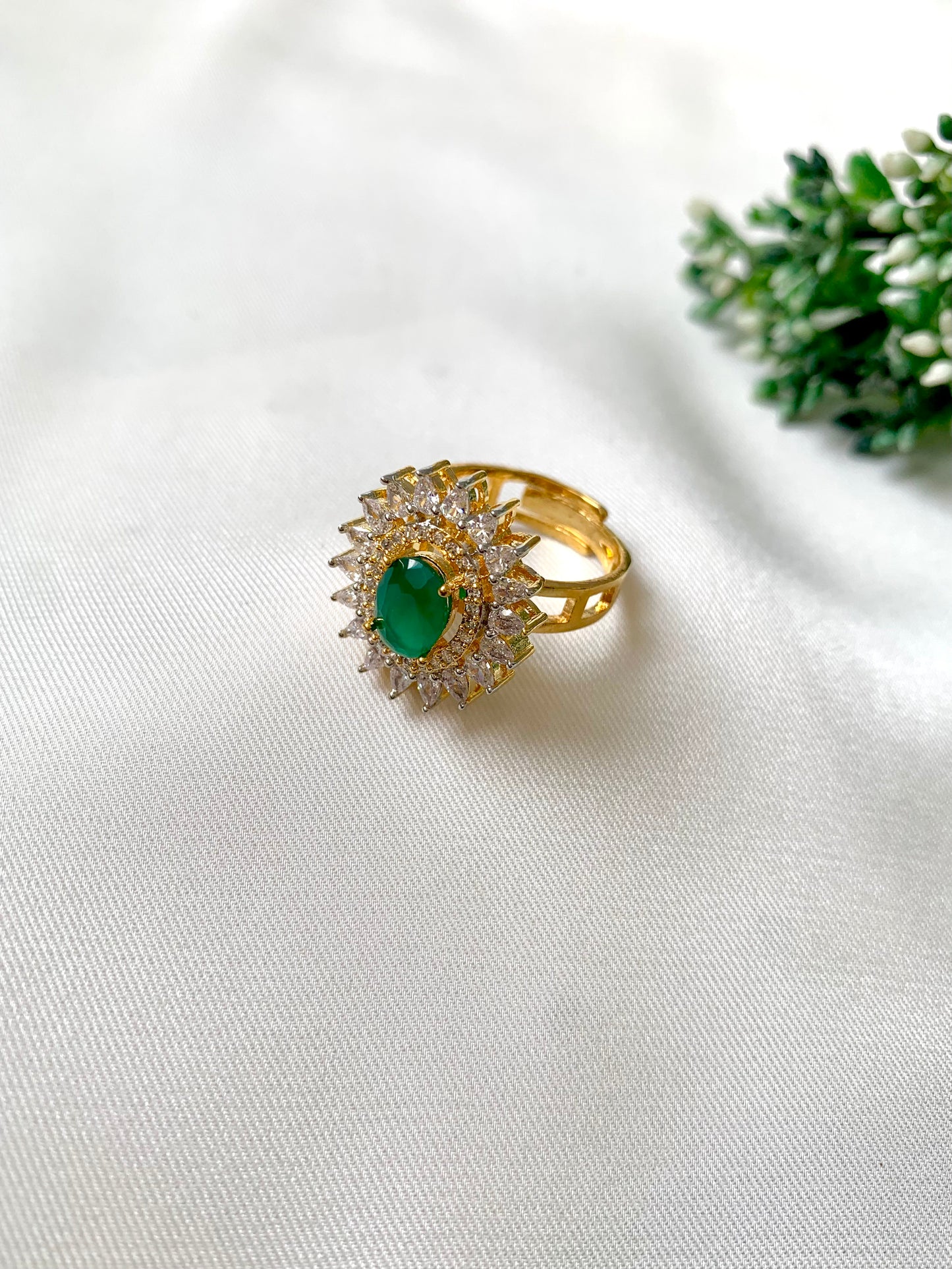 Hermona gold-plated ring with semi-precious emerald and American Diamonds, adjustable design