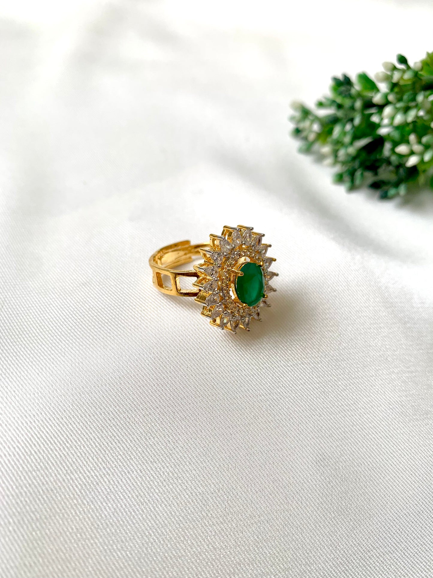 Hermona gold-plated ring with semi-precious emerald and American Diamonds, adjustable design