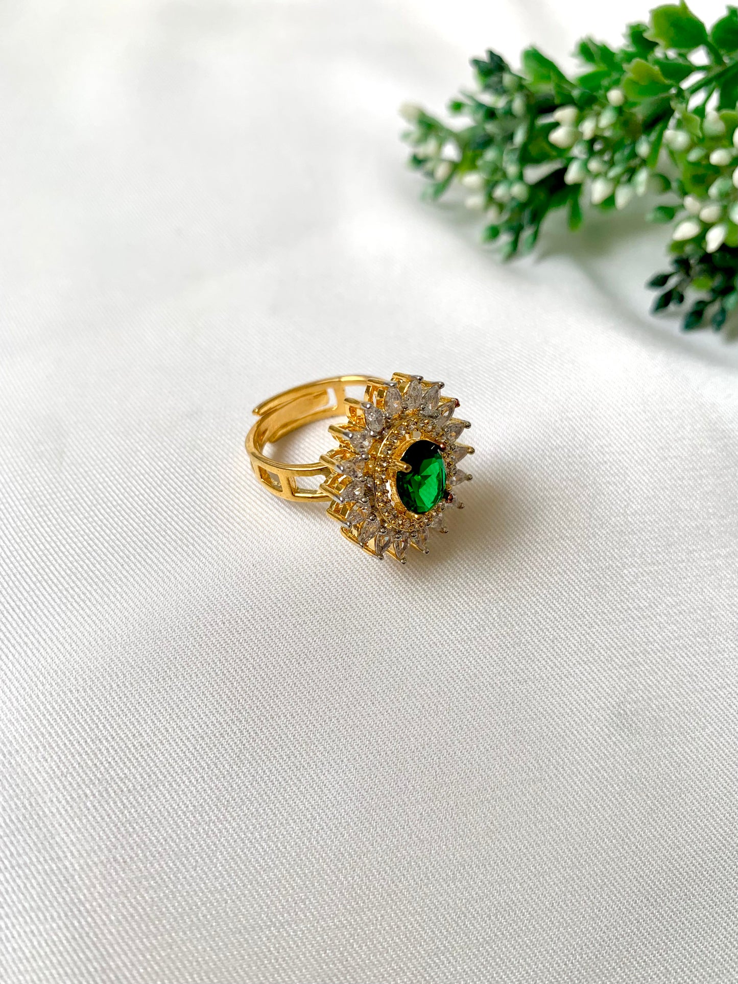 22kt Gold plated adjustable ring with Hydro Emerald and American Diamonds, double halo oval design