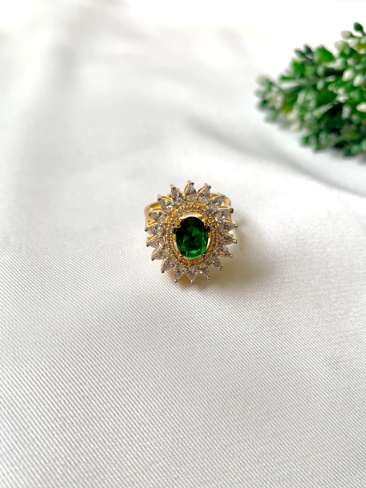 22kt Gold plated adjustable ring with Hydro Emerald and American Diamonds, double halo oval design