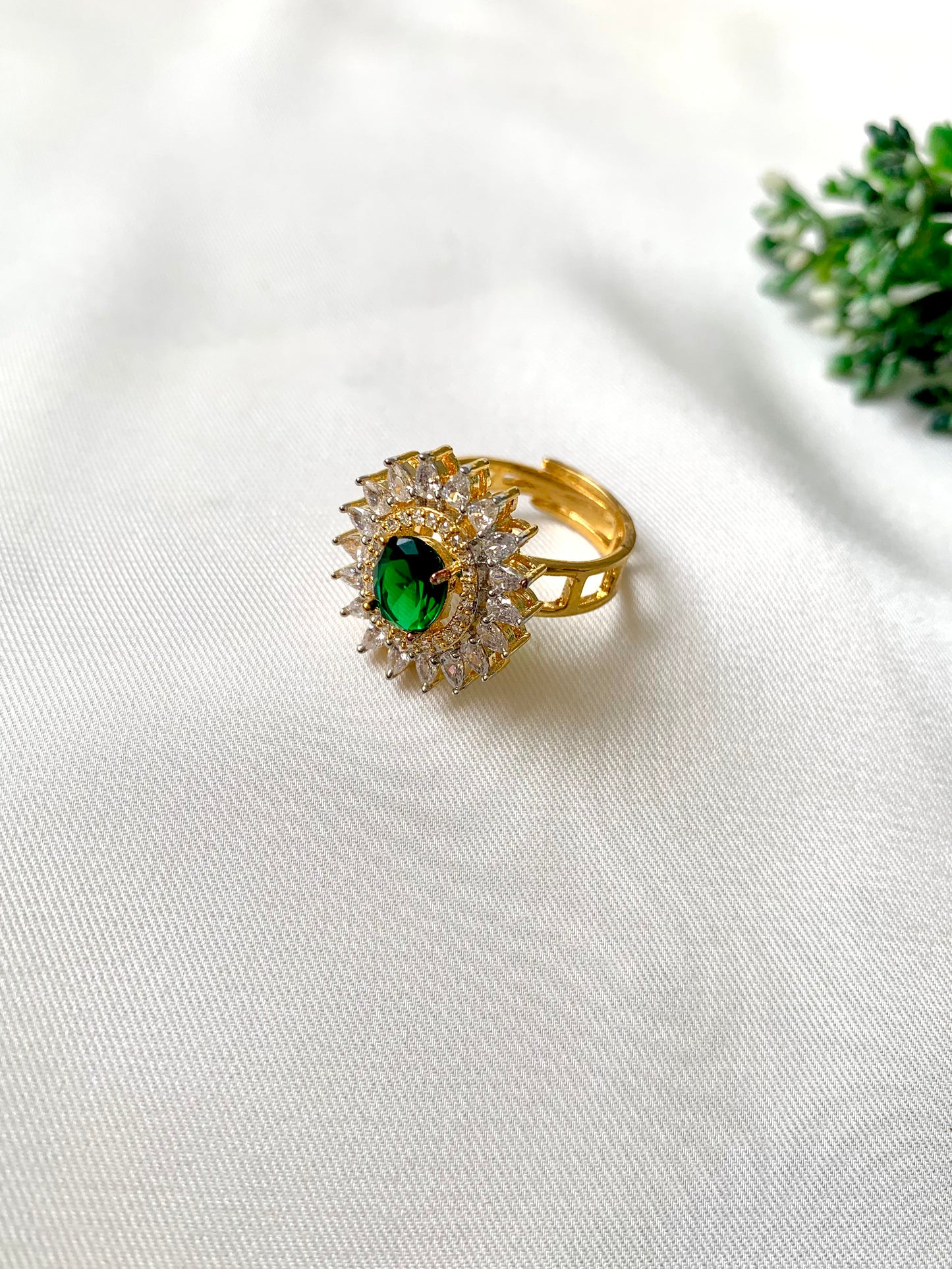 22kt Gold plated adjustable ring with Hydro Emerald and American Diamonds, double halo oval design