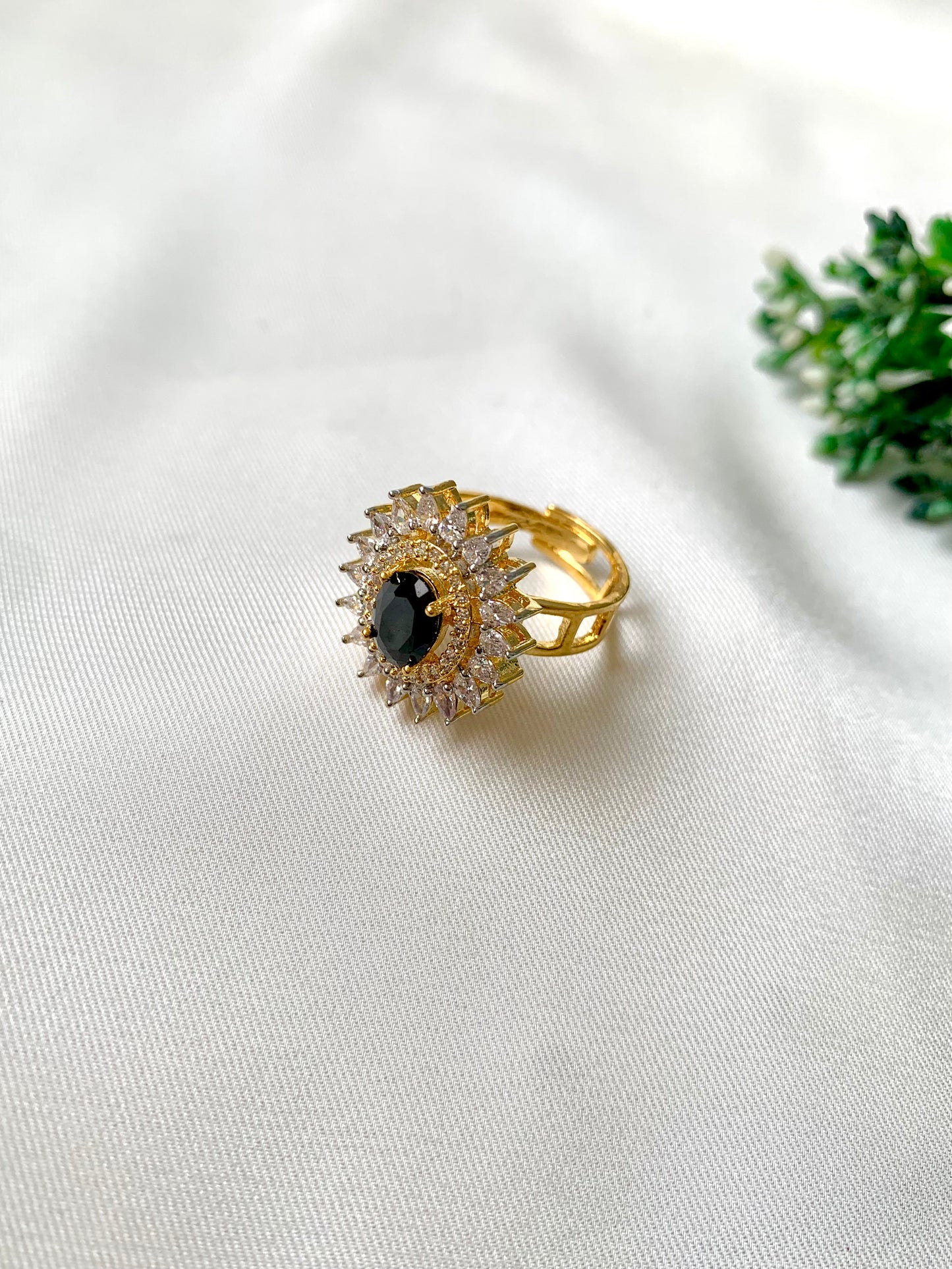Adjustable Floral Gold Ring with Onyx Center