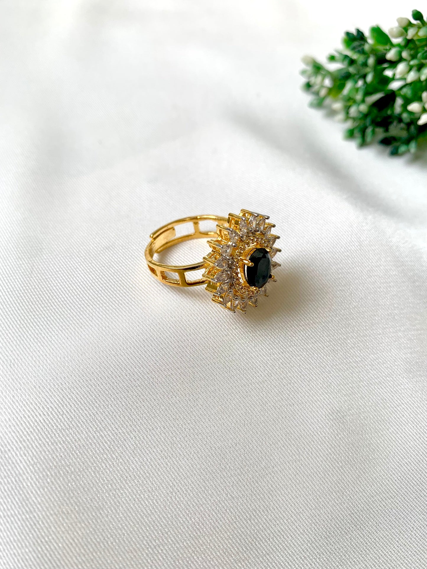 Statement Ring with Semi-Precious Onyx and Diamond Cluster
