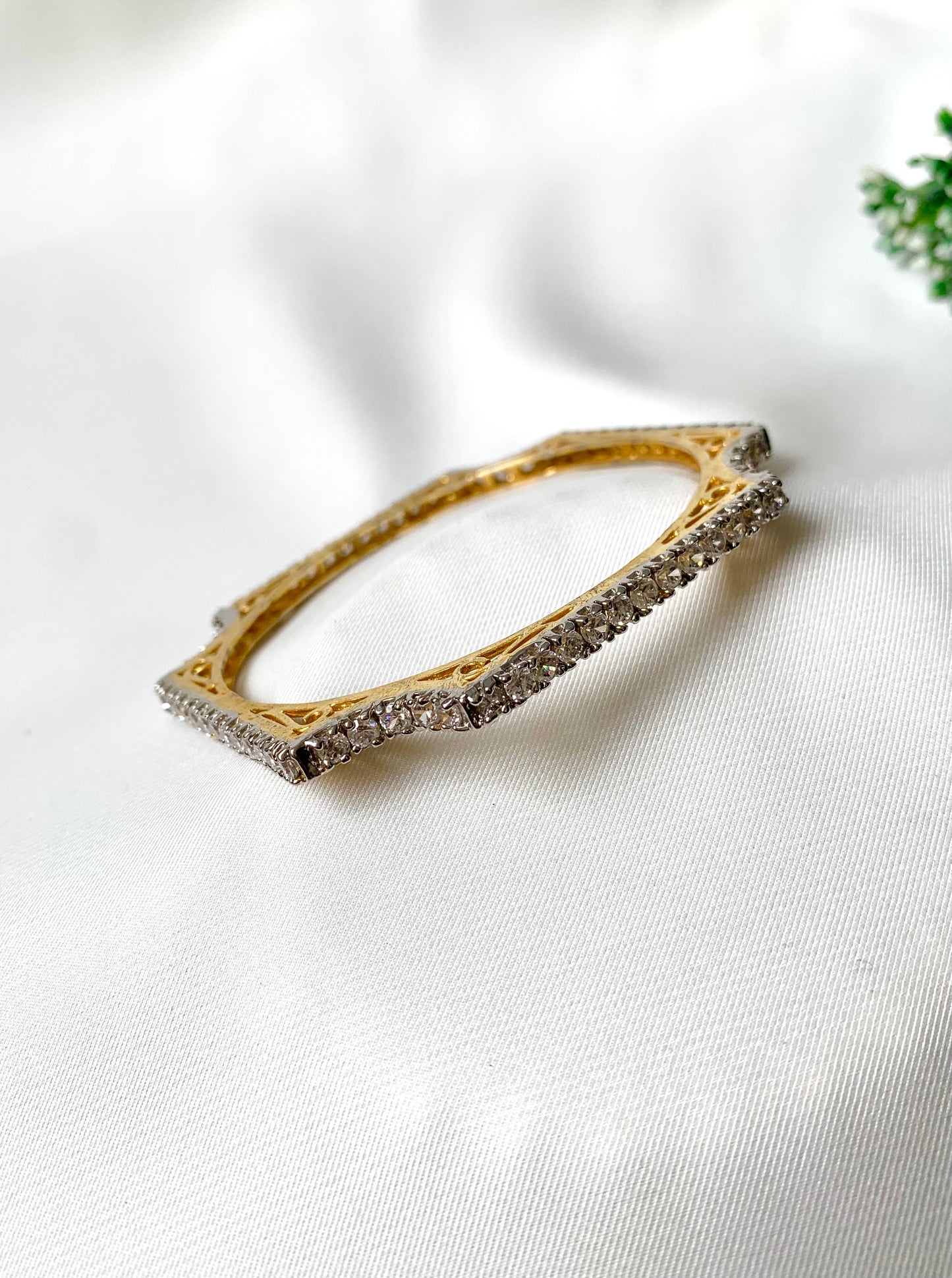 Handcrafted 22kt gold plated bangle with high quality American Diamonds in a crown silhouette, fits size 2.4 and 2.6