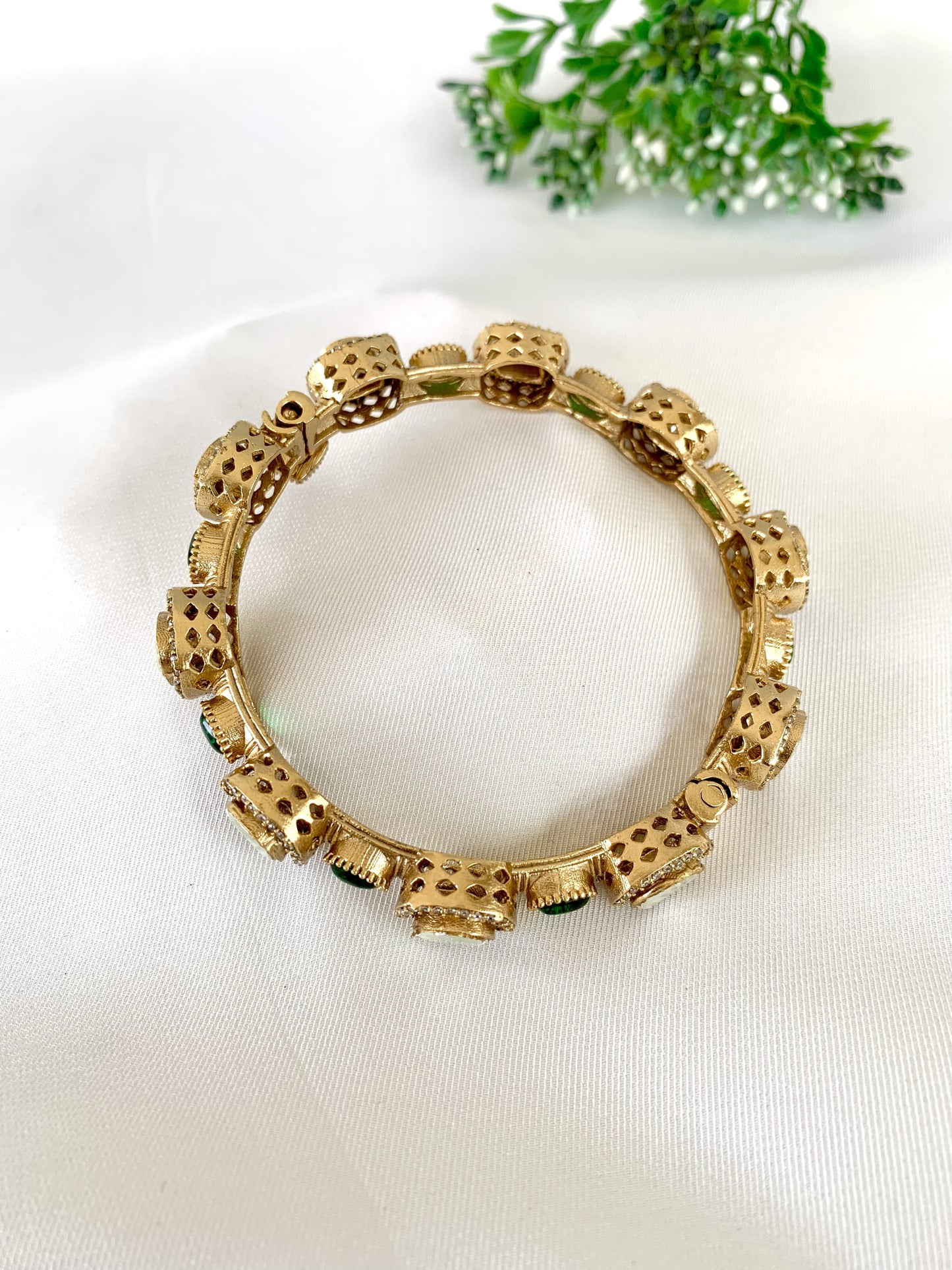 22kt Gold Plated Jahanara Emerald Bangle with Moissanite Kundan, American Diamonds & Semi-Precious Emerald stones