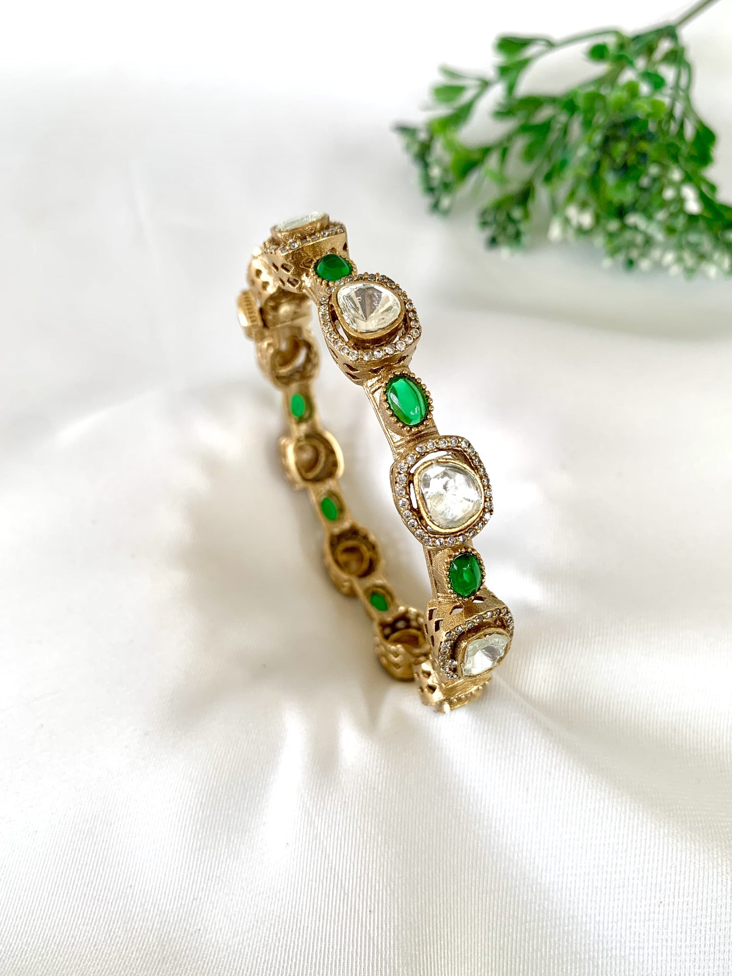 22kt Gold Plated Jahanara Emerald Bangle with Moissanite Kundan, American Diamonds & Semi-Precious Emerald stones