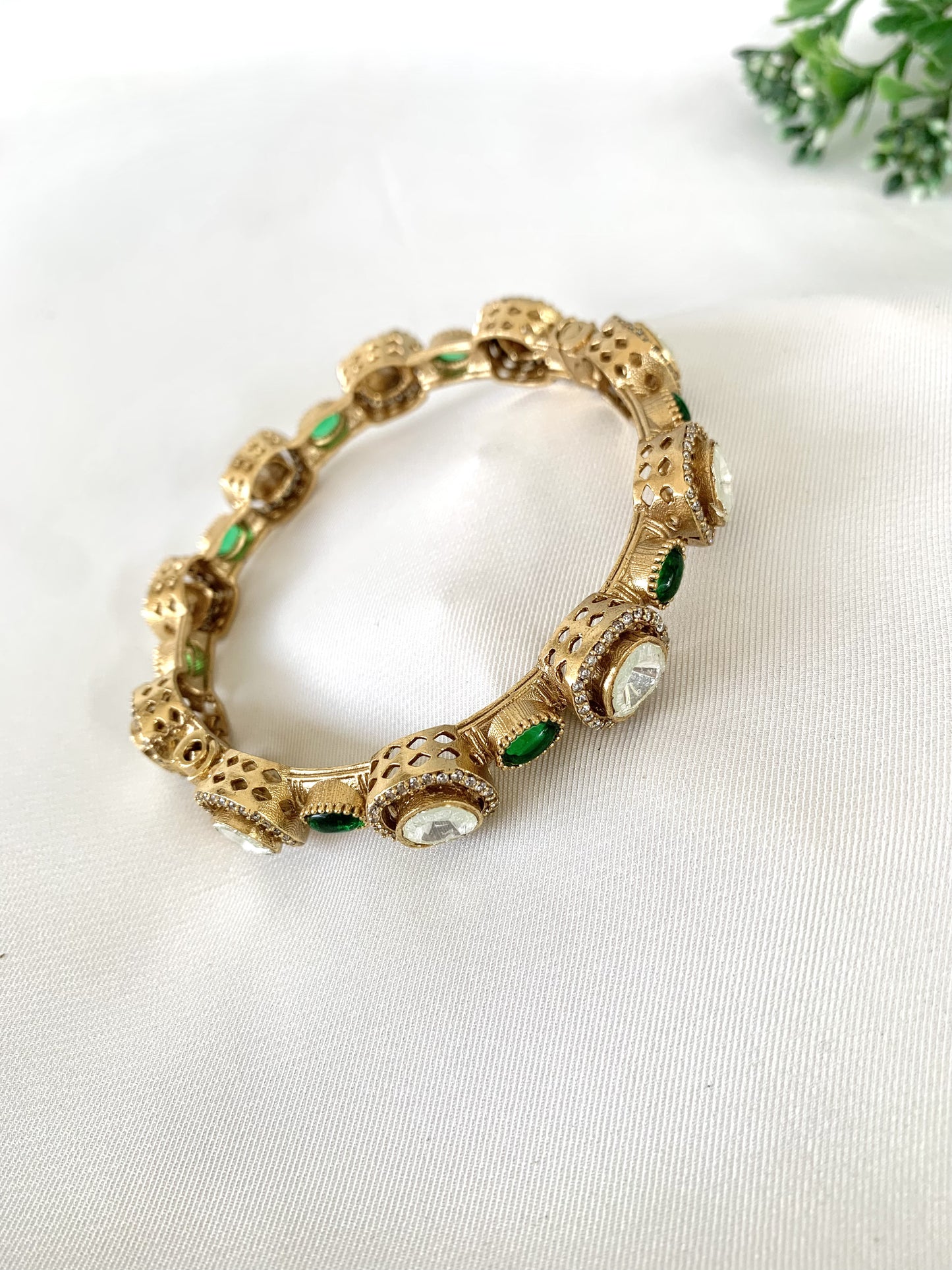 22kt Gold Plated Jahanara Emerald Bangle with Moissanite Kundan, American Diamonds & Semi-Precious Emerald stones
