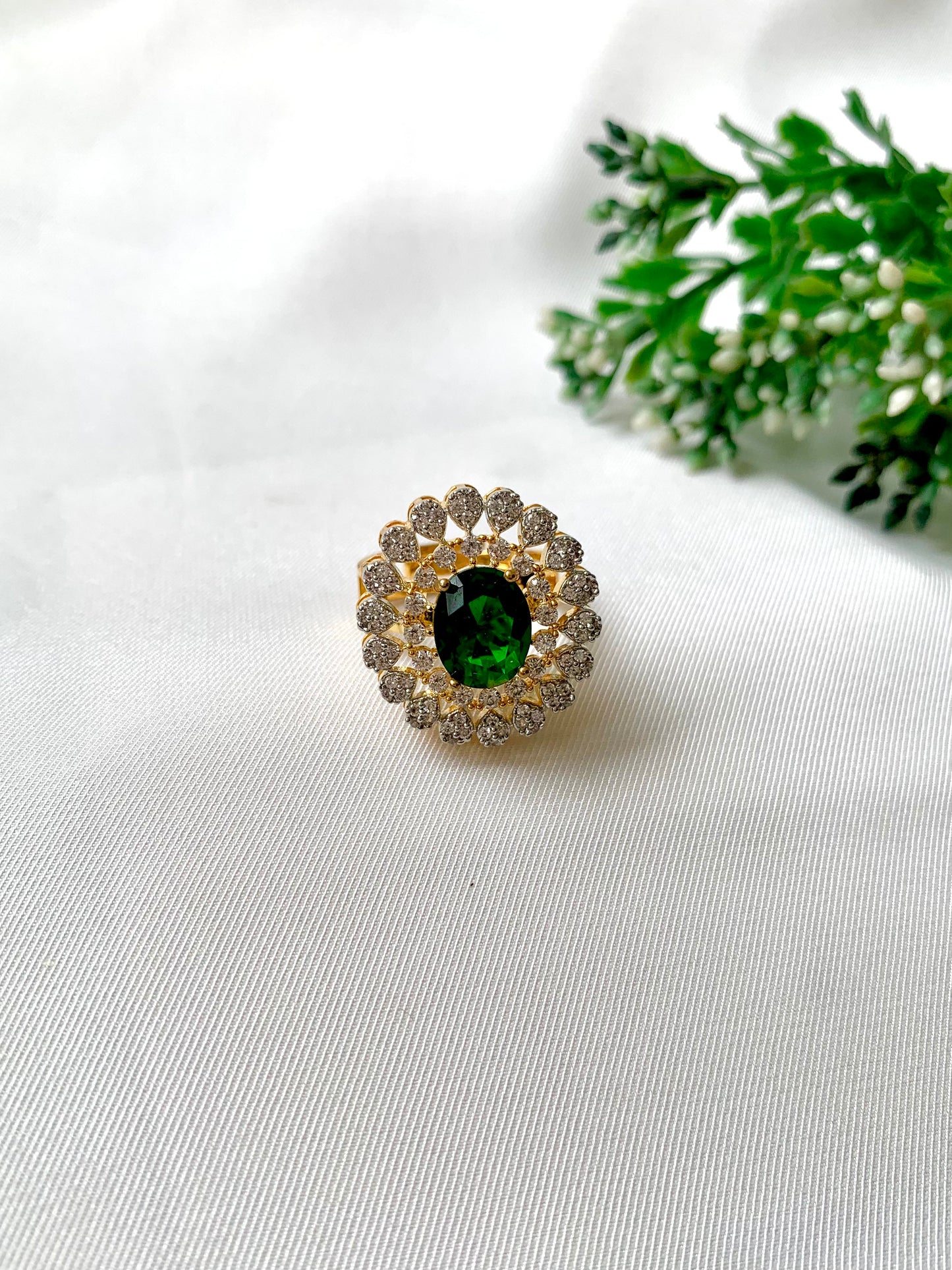 Bold festive green Janice Ring by Zamal Jewels – top view