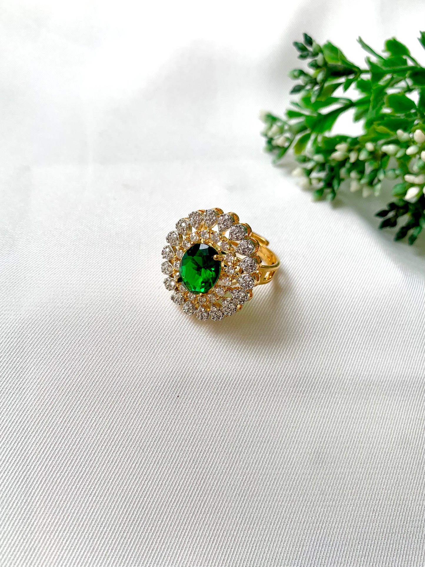 Janice Ring with Hydro Emerald center stone and American Diamonds