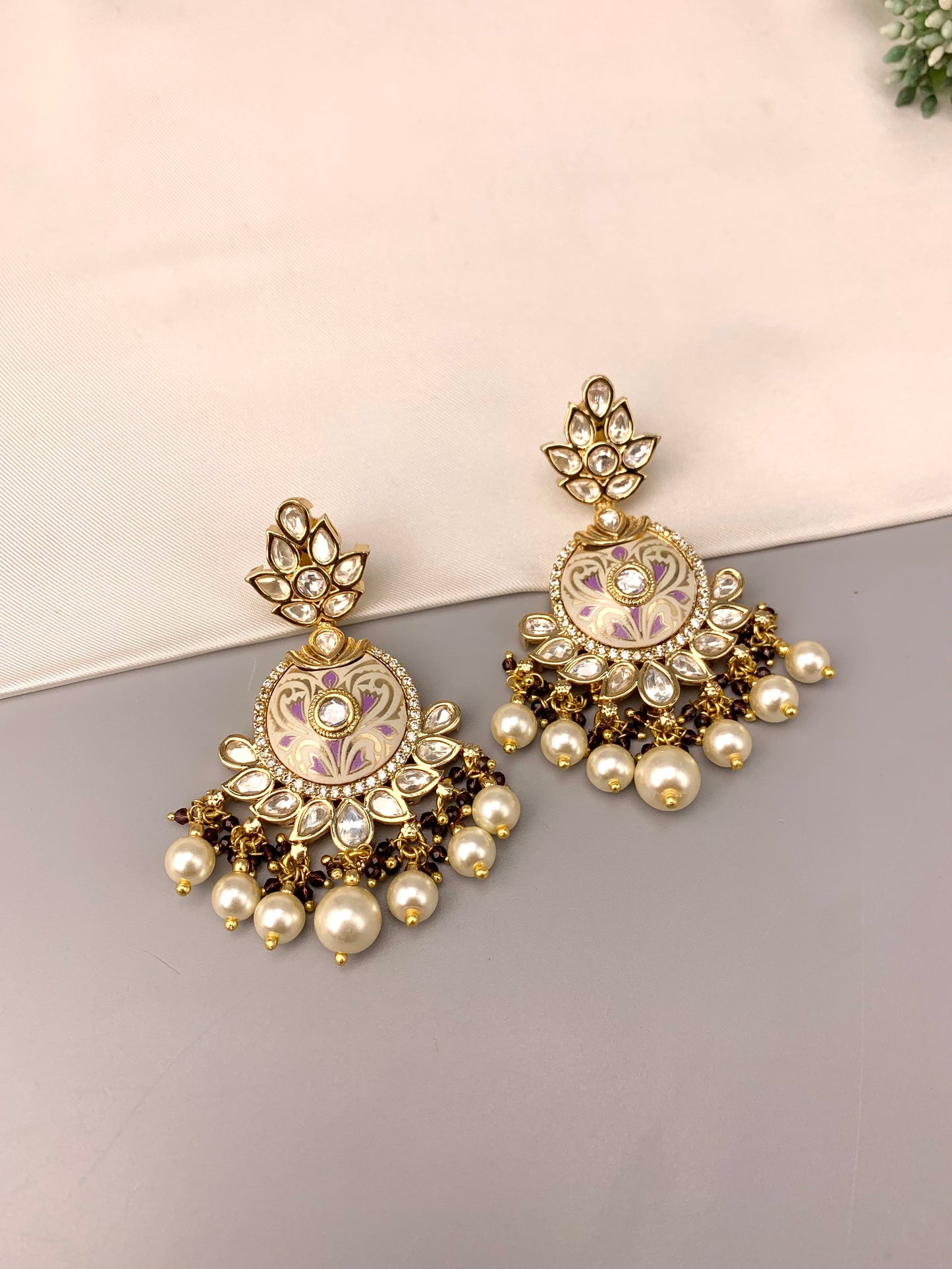 Lamy Victorian gold plated earrings with polki kundan amethyst pearls and hand painted meena work