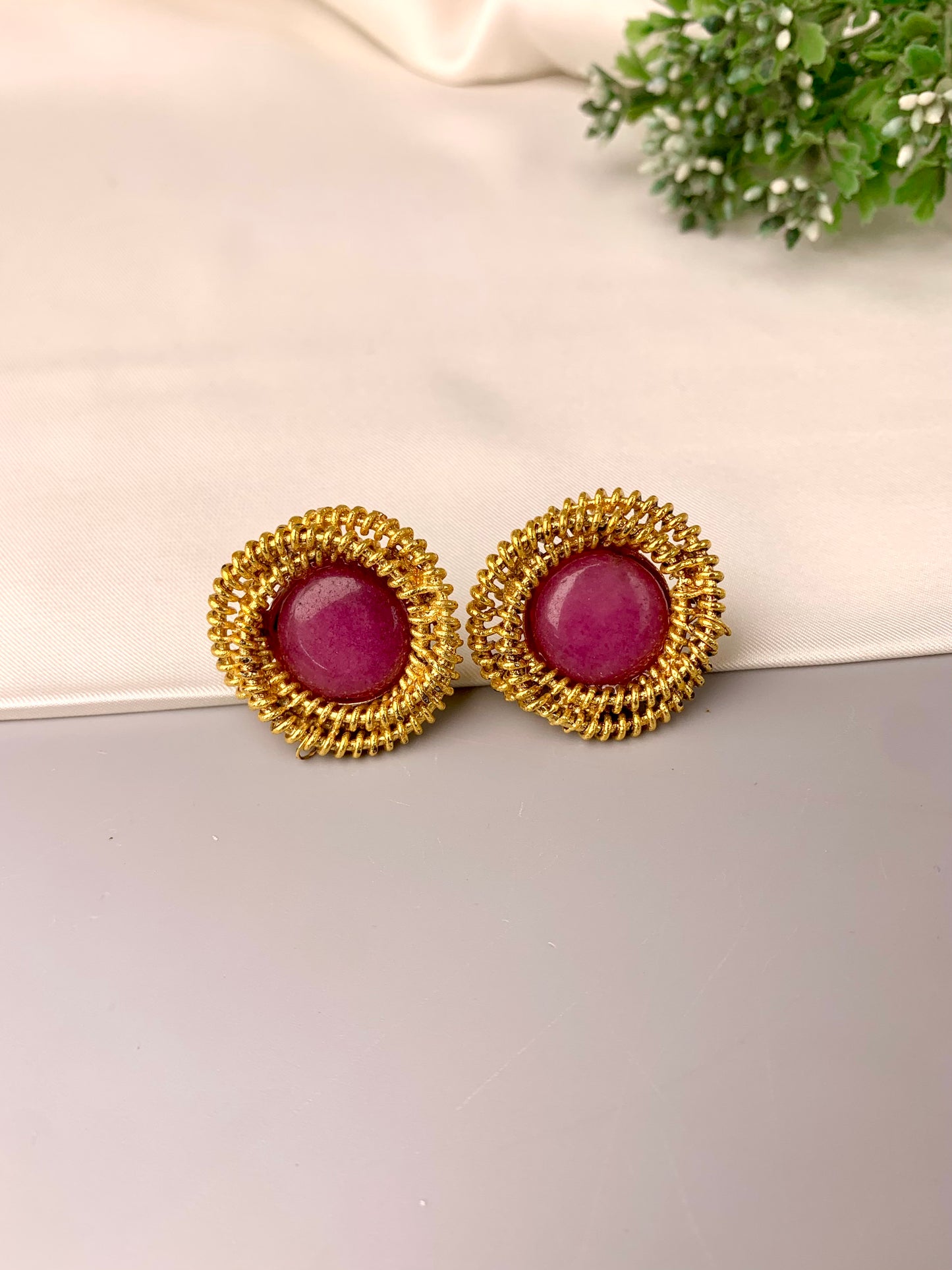 Lucia handcrafted ruby studs in 22kt gold plating with semi precious ruby stones