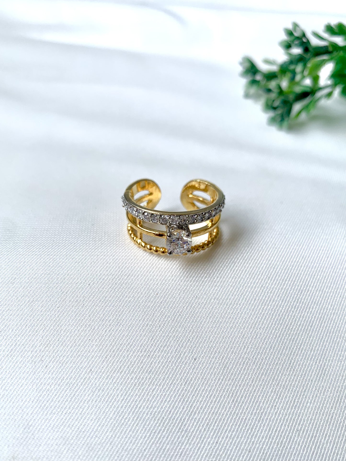 Lyra Luxe Ring in 22kt Gold Plating with American Diamonds from Zamal Jewels