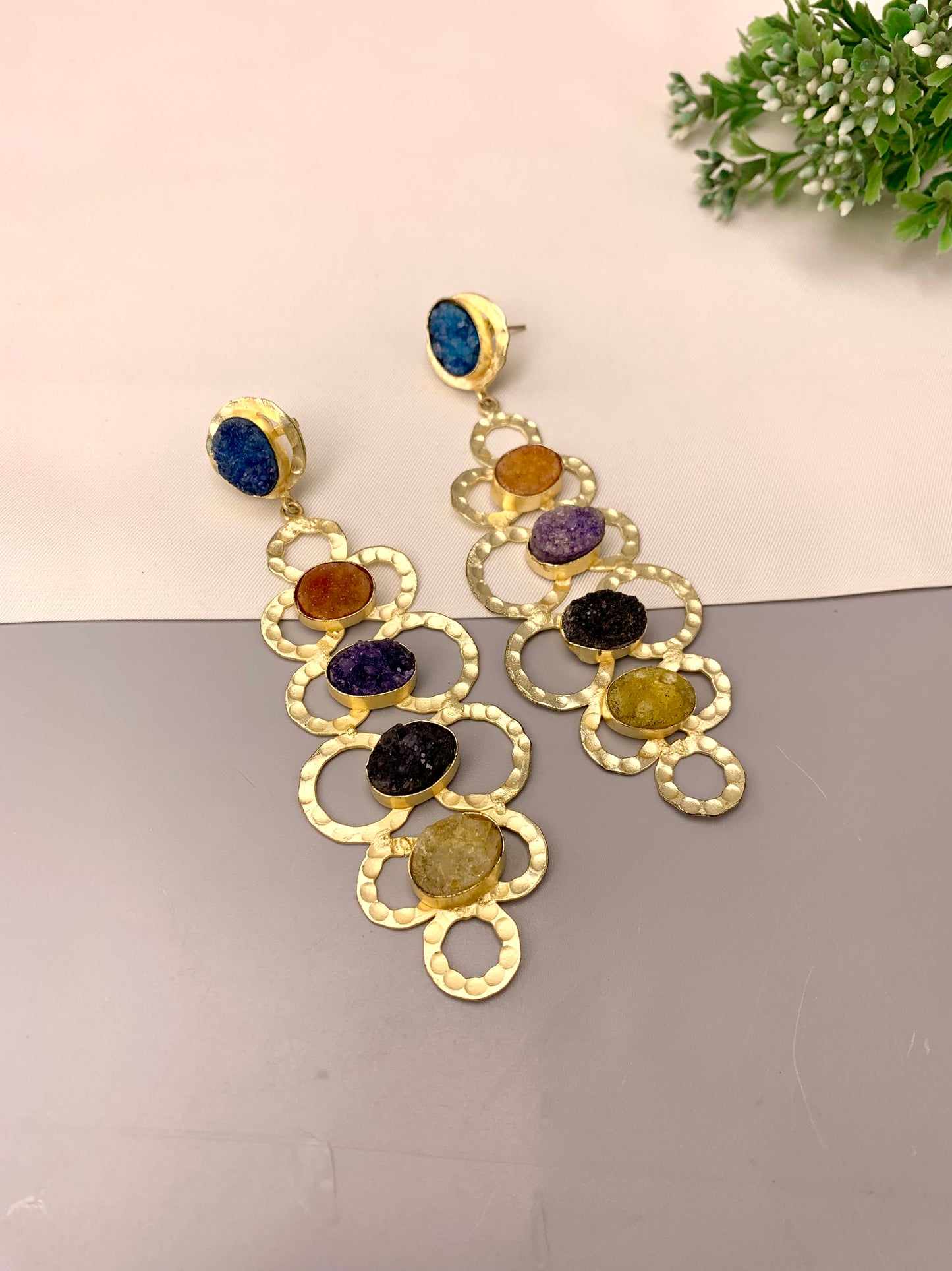 Maha handcrafted 22kt gold plated beaten brass earrings with semi-precious natural Druzee stones