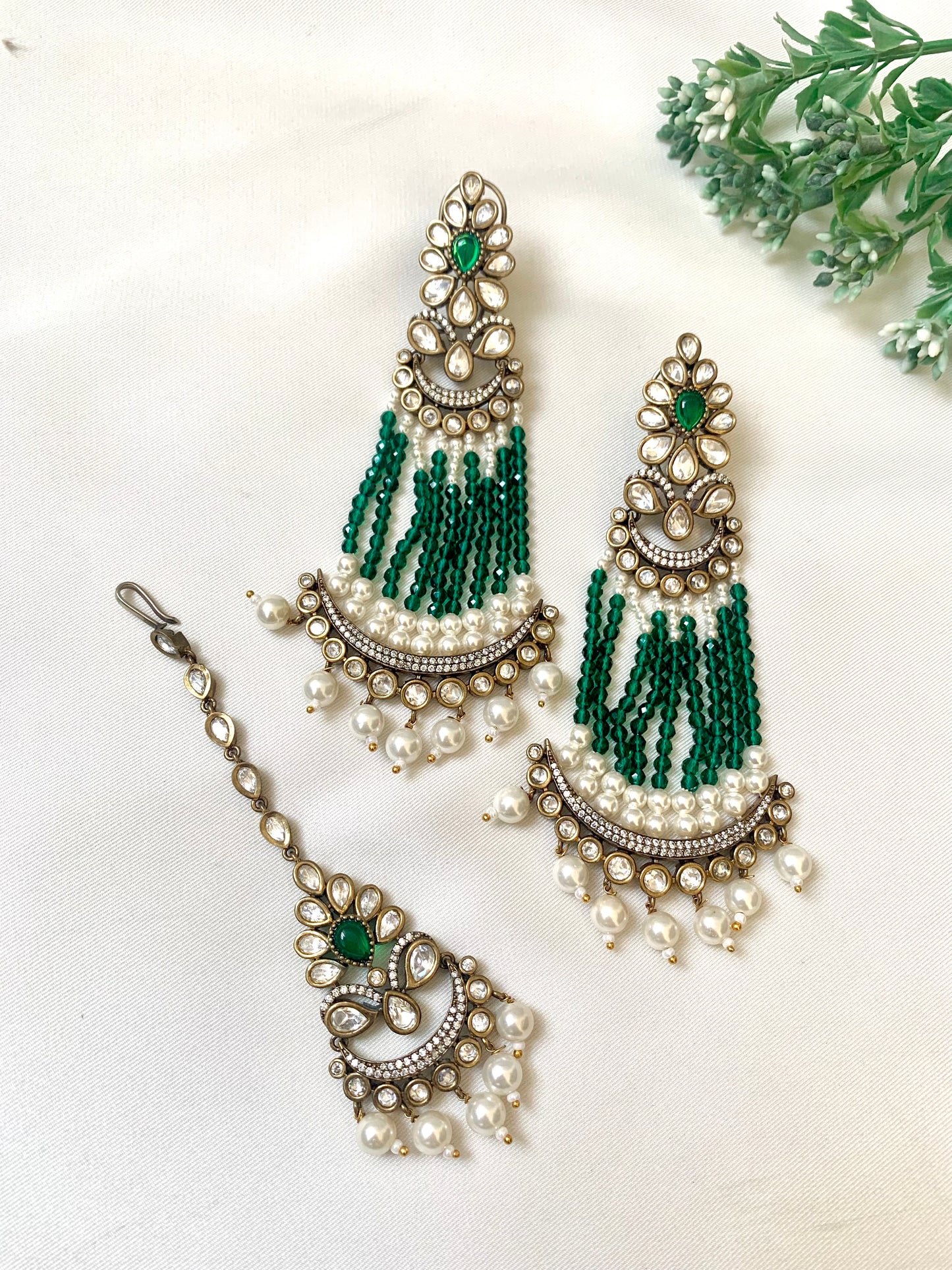 Marina Emerald Earrings and Tikka Set with Green Stones – Zamal Jewels