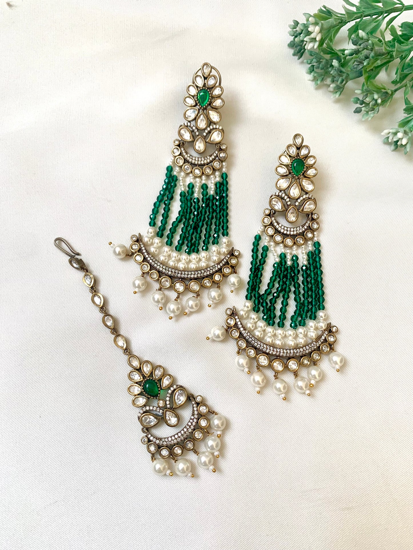 Polki Kundan Emerald Jhoomar Set with Antique Gold Finish