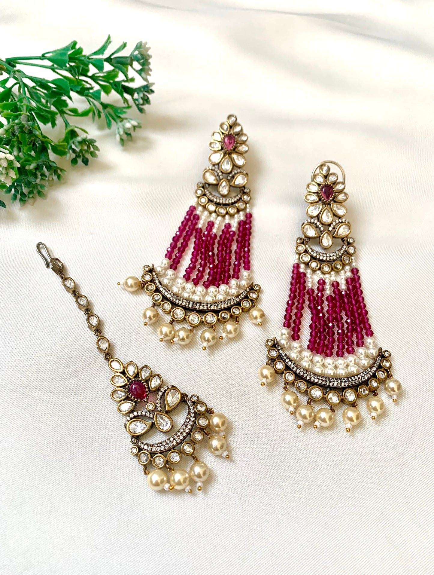 Marina Ruby Earrings and Tikka Set with Polki Kundan and Pearls – Zamal Jewels