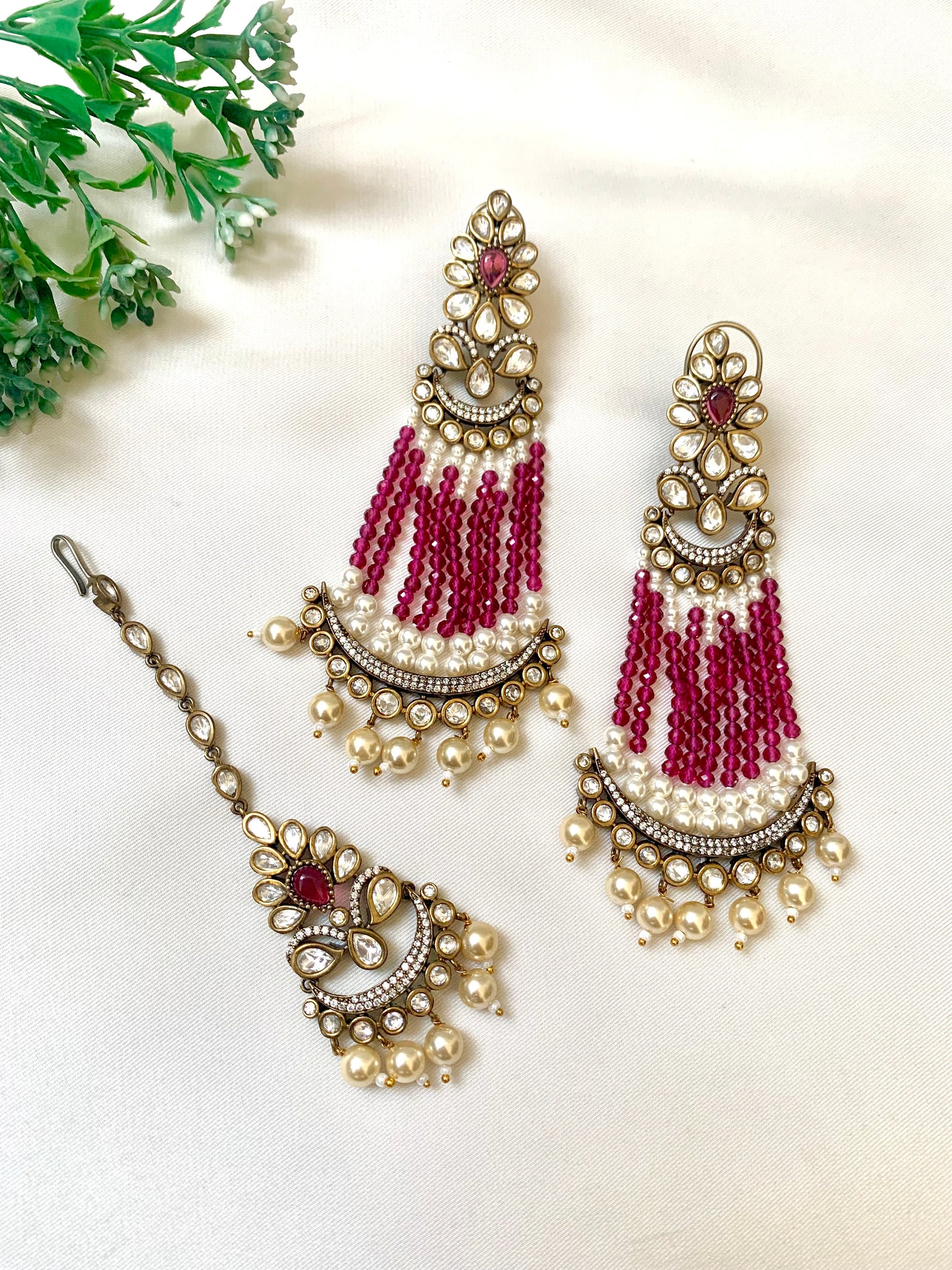 Handcrafted Ruby and Pearl Jhoomar Earrings with Matching Tikka