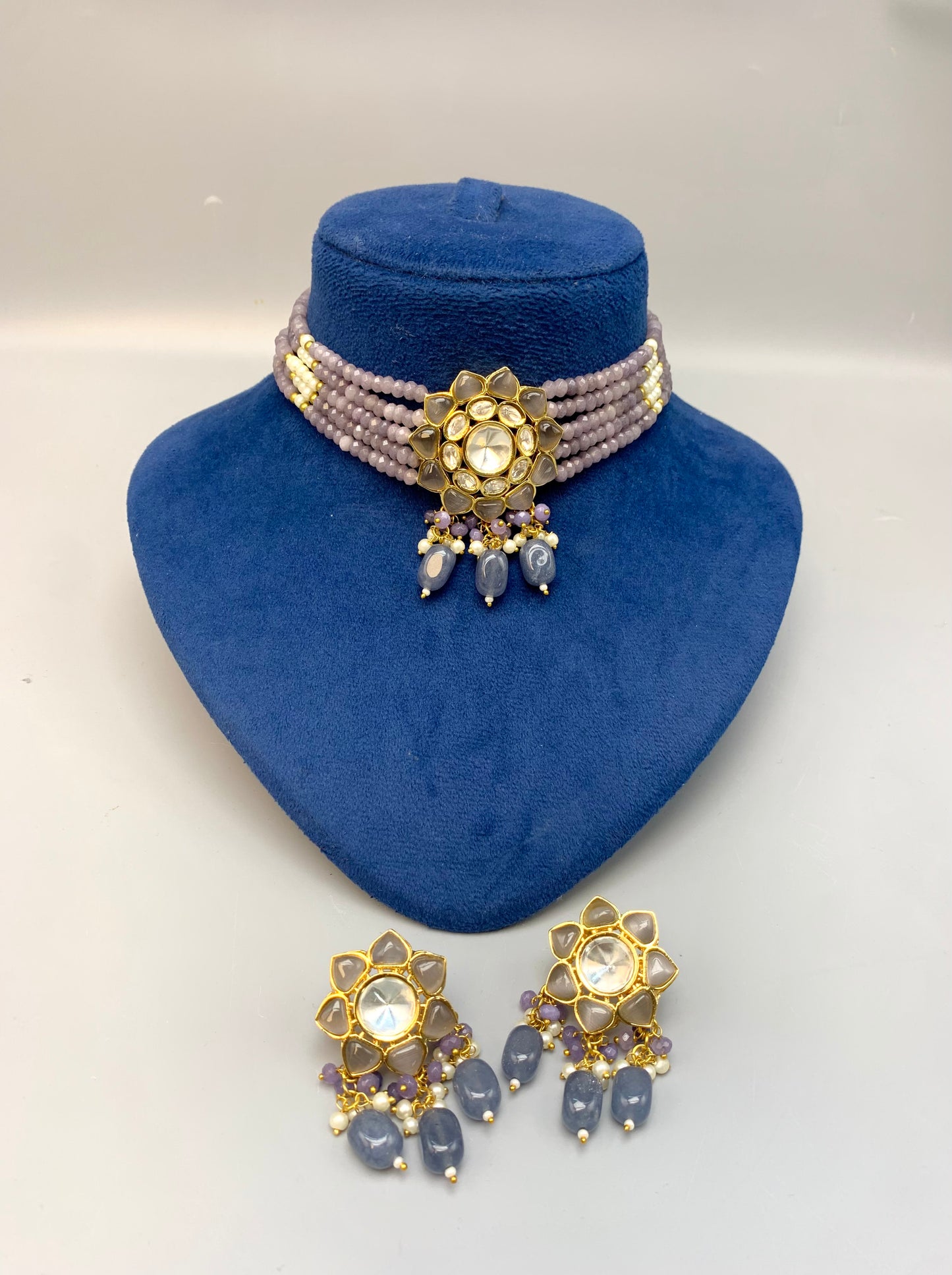Mayra handcrafted 22kt gold plated choker set with Polki Kundan, semi-precious pearls and amethyst
