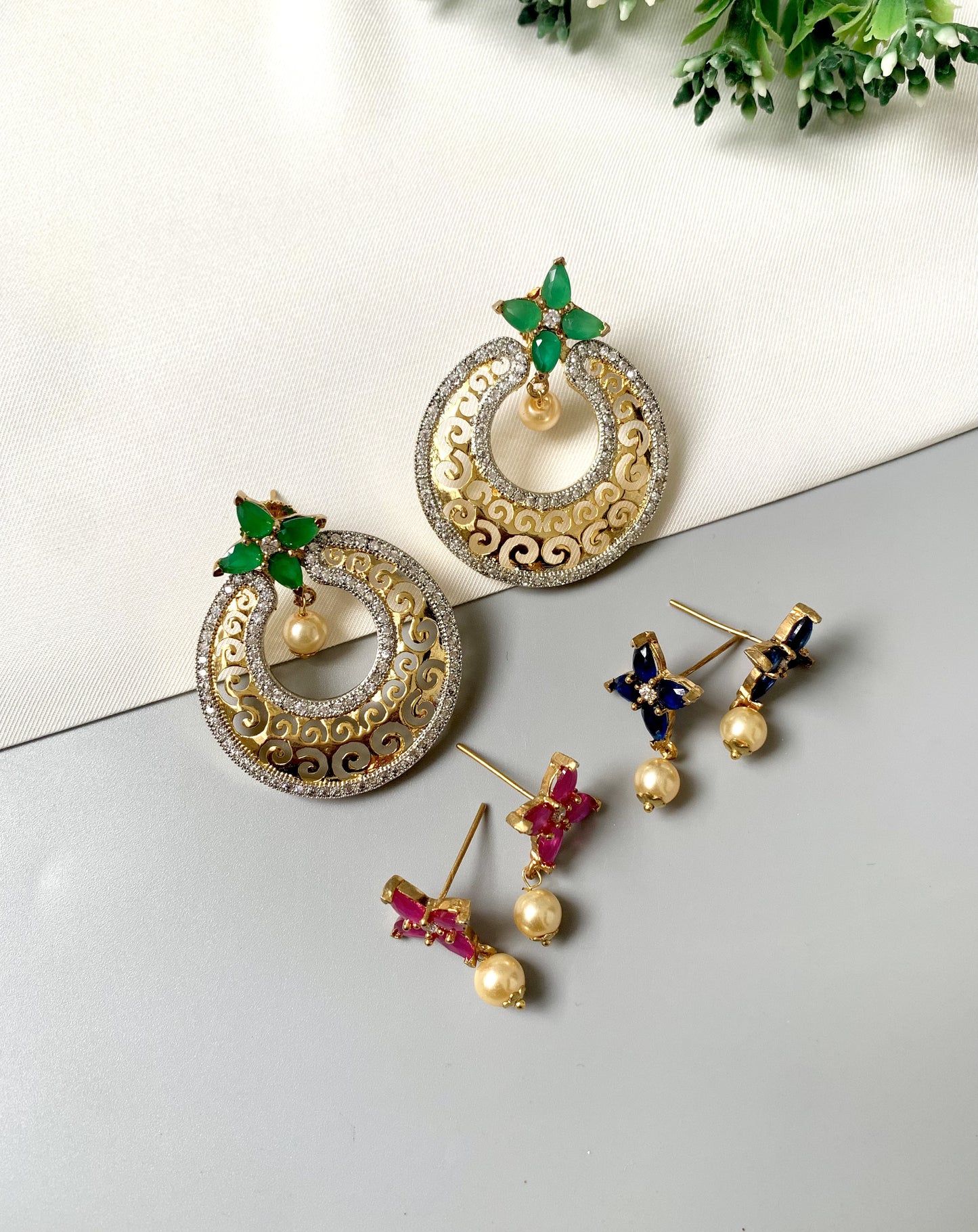 Changeable earrings with semi-precious Ruby, Emerald, Sapphire, and Pearls; detachable baali design from Zamal Jewels