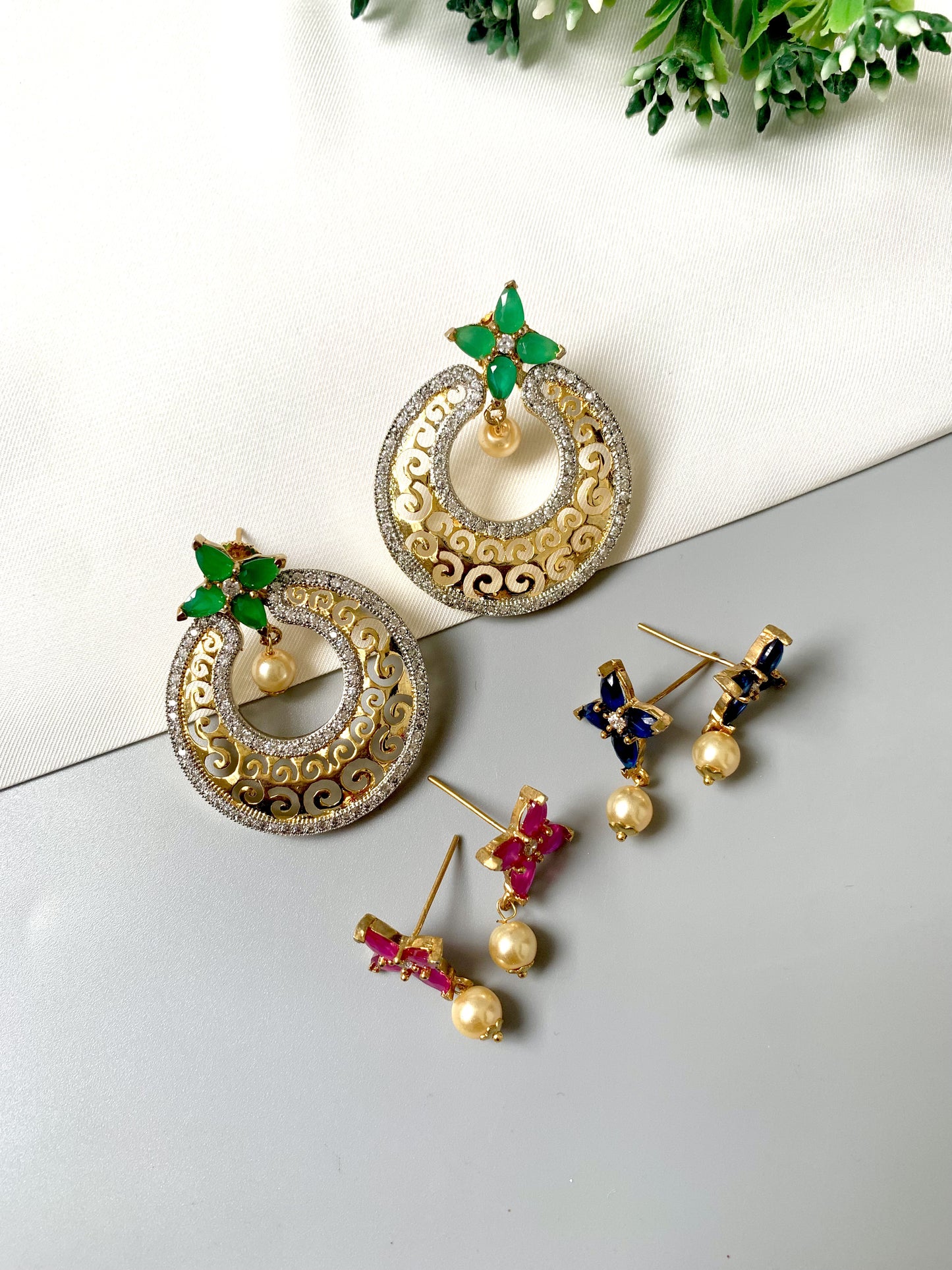 Changeable earrings with semi-precious Ruby, Emerald, Sapphire, and Pearls; detachable baali design from Zamal Jewels