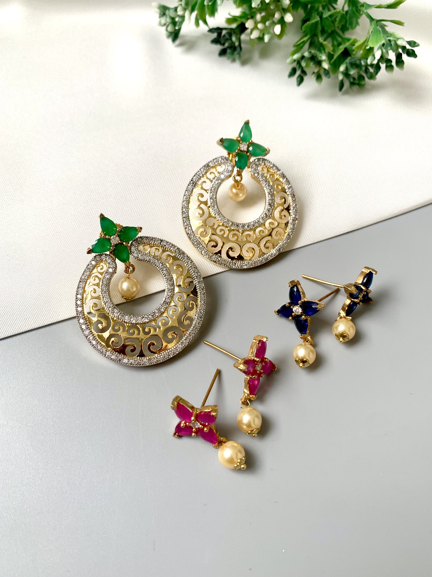 Changeable earrings with semi-precious Ruby, Emerald, Sapphire, and Pearls; detachable baali design from Zamal Jewels